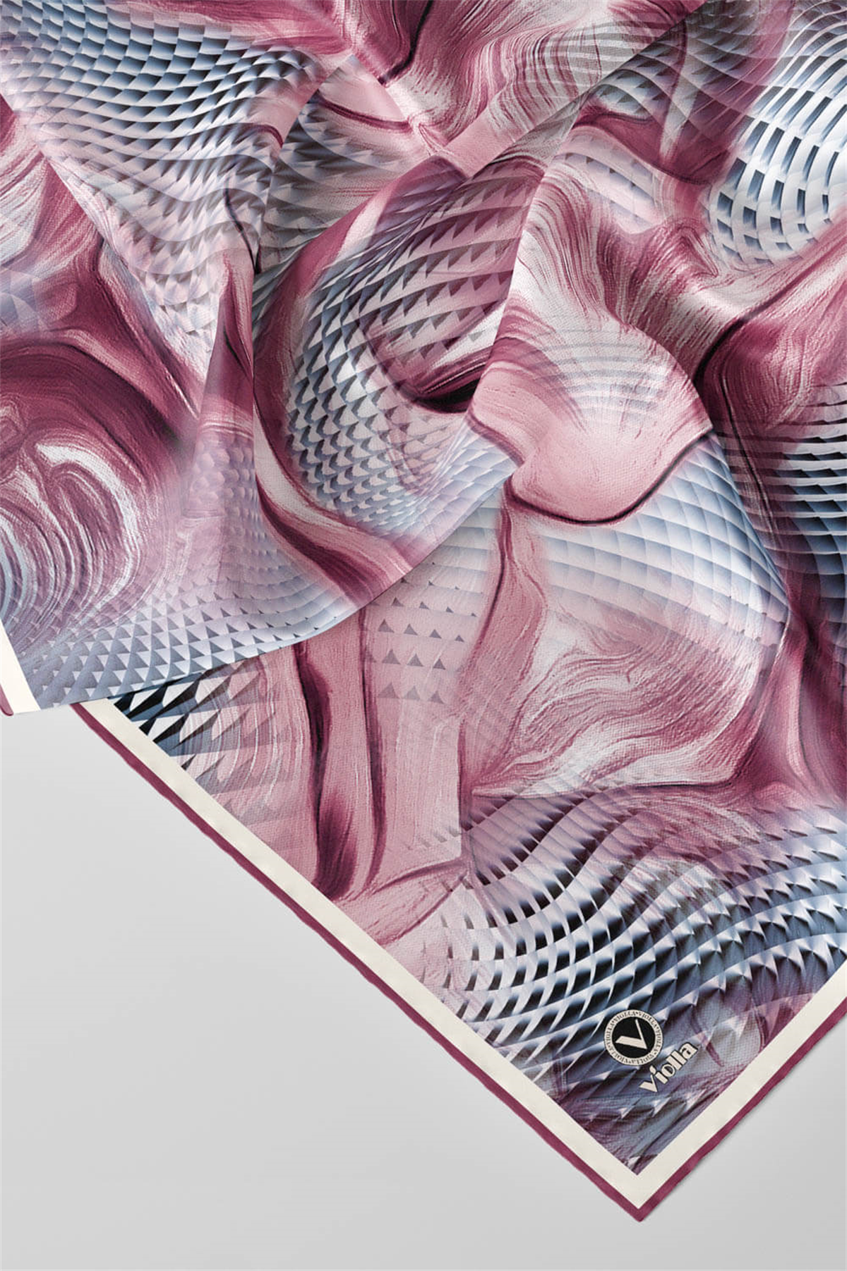 Twill Geometrik Ve Dalga Desenli Pembe Renkli 90x90 Eşarp (İpek İçermez) Dikim Şekli : El Dikişi
