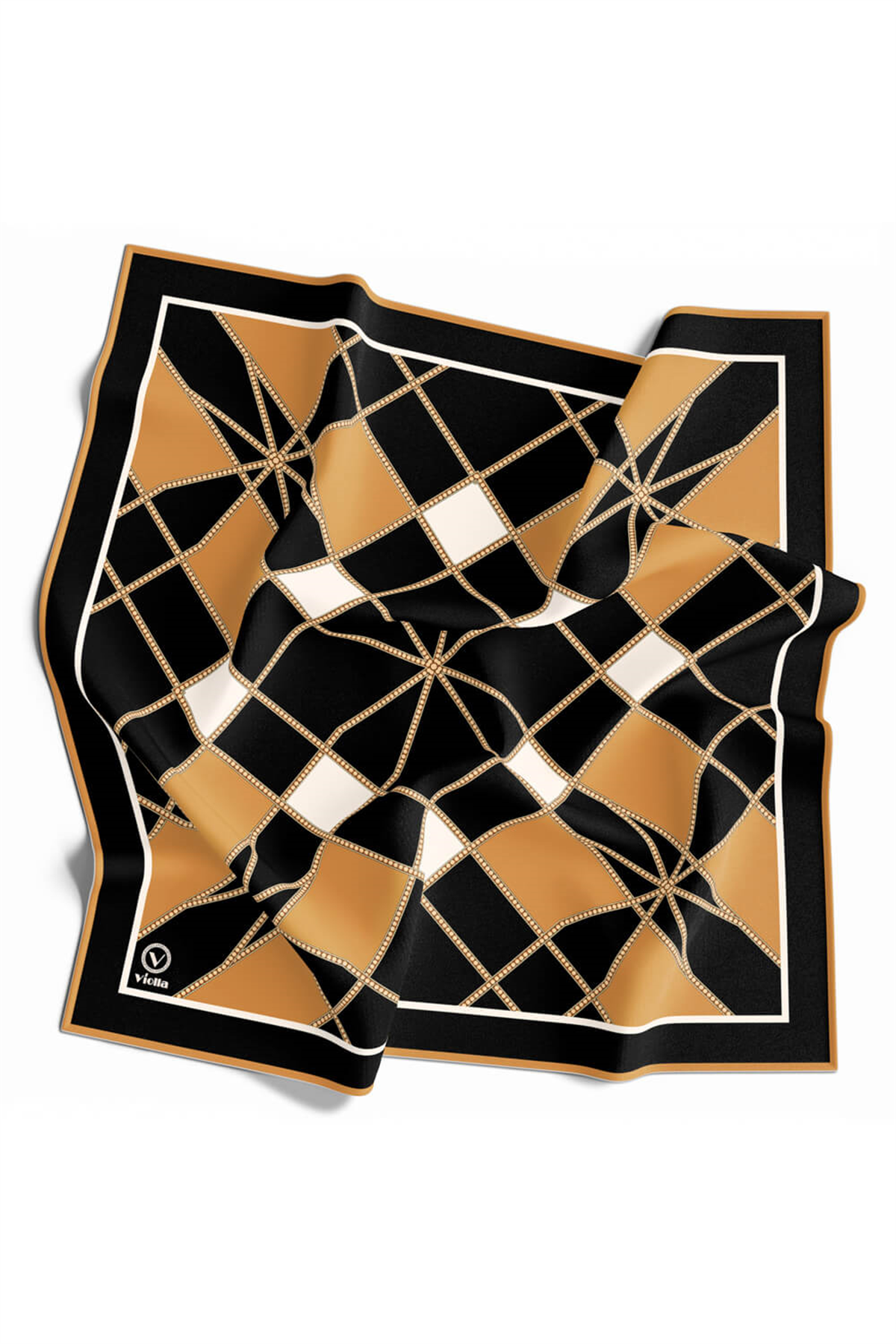 Twill Gold Detaylı Geometrik Çiçekli Desenli Hardal Renkli 90x90 Eşarp (İpek İçermez) Kenar Dikiş Şekli El Dikişli