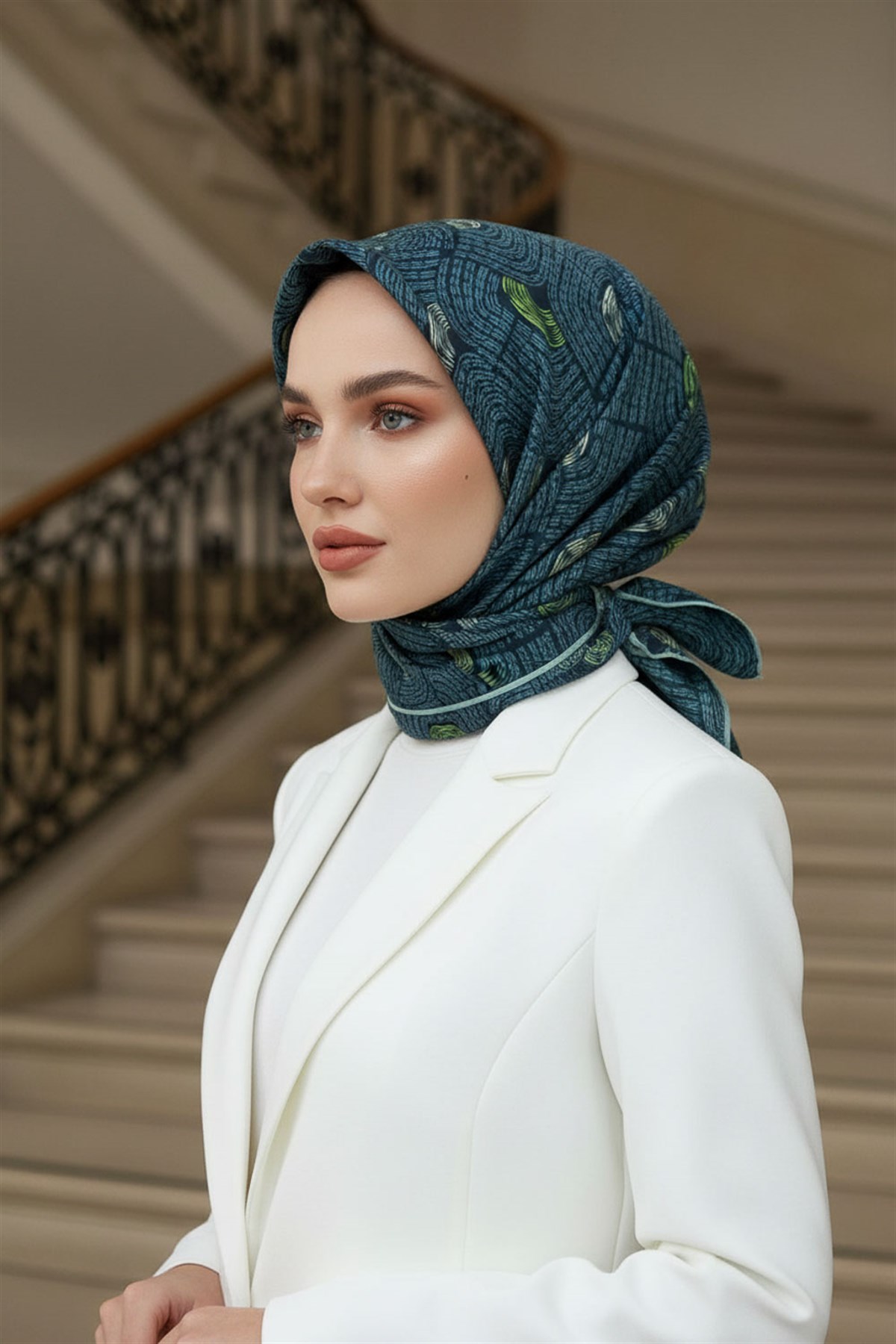 %100 Twill İpek Geometrik Desenli Petrol Mavisi - Lacivert Renkli 90x90 Eşarp Dikim Şekli : El Dikişi