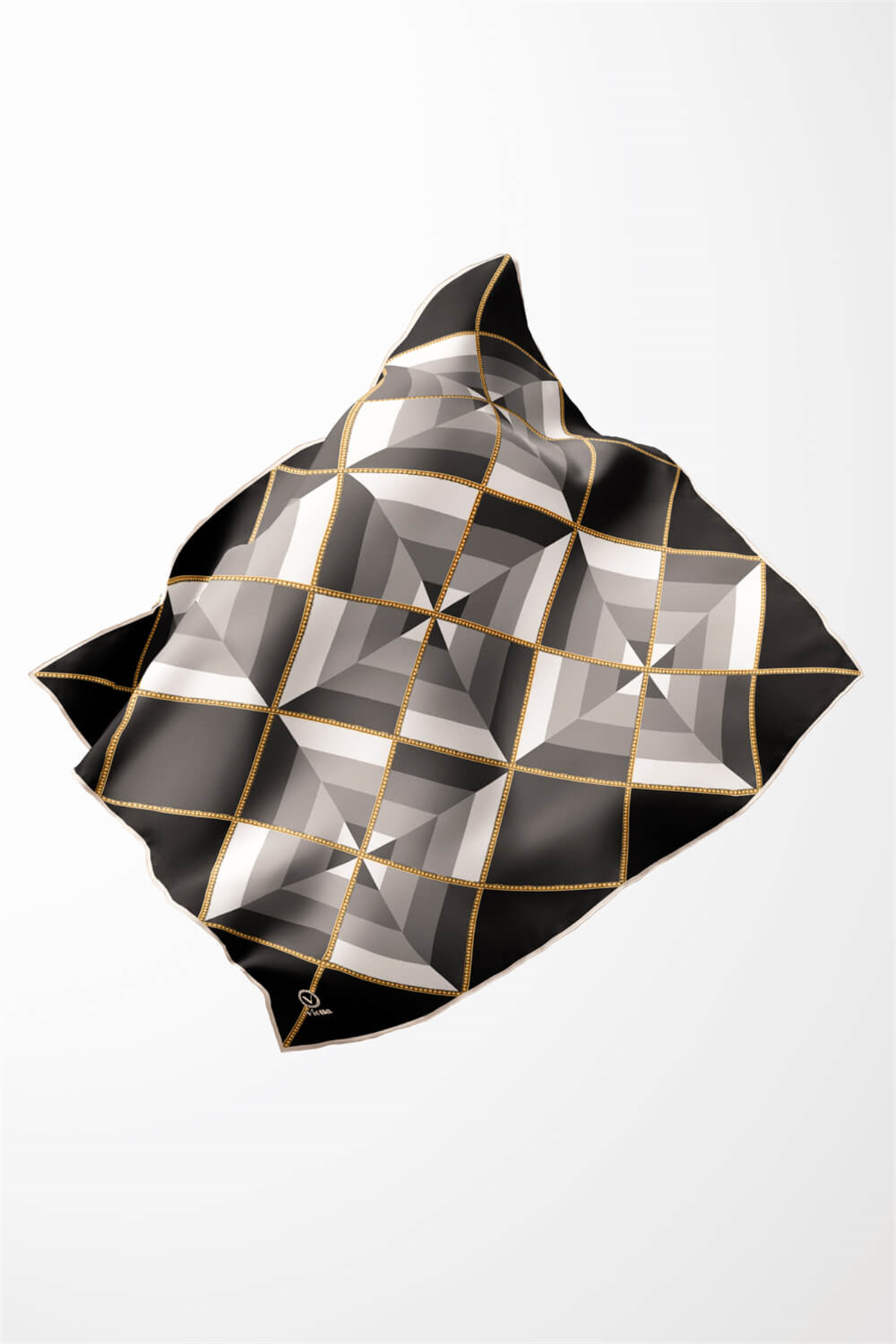 Twill Geometrik Desenli Siyah - Gri Renkli 90x90 Eşarp (İpek İçermez) Kenar Dikiş Şekli El Dikişli