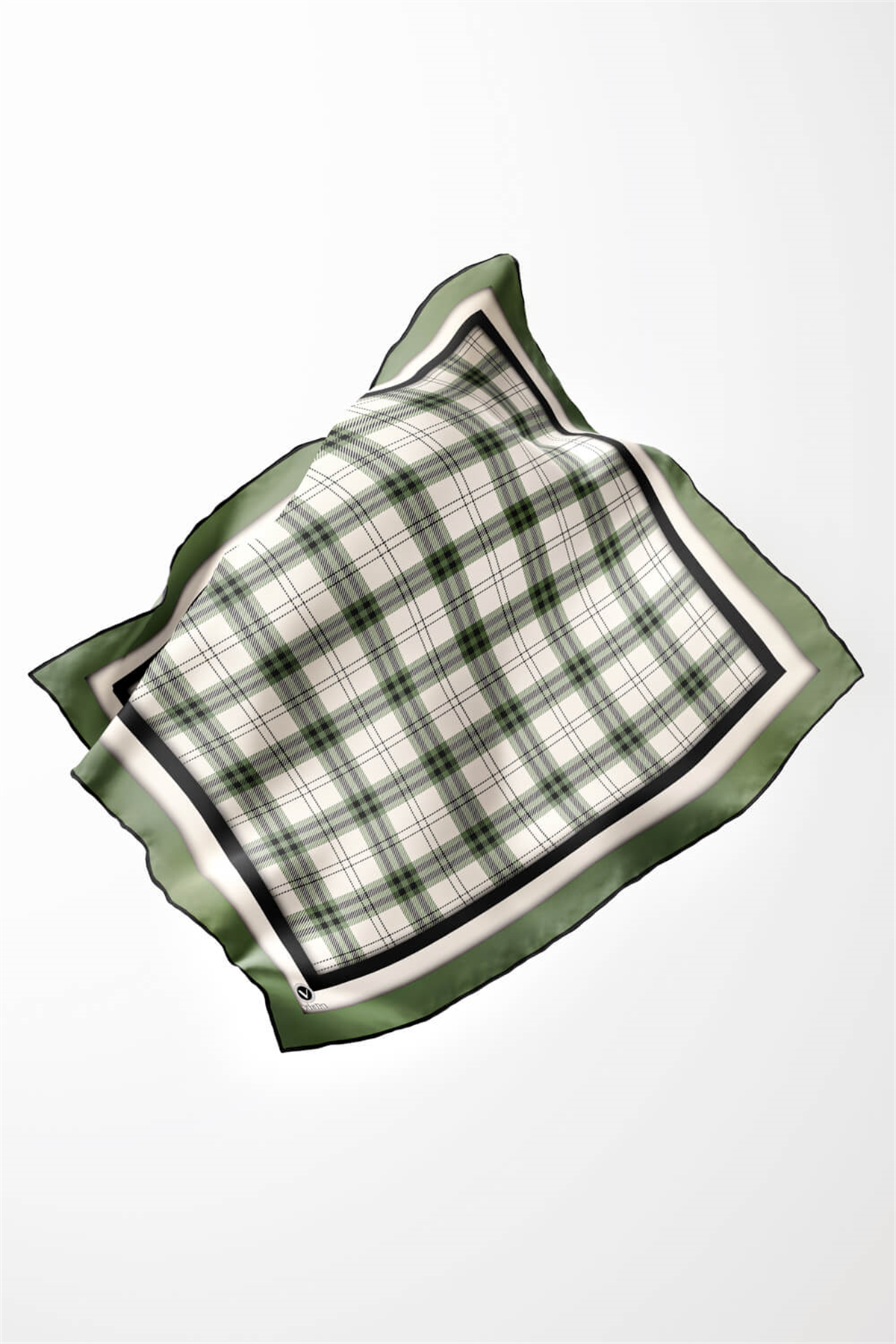 Twill Ekose Desenli Mint Yeşili Renkli 90x90 Eşarp (İpek İçermez) Kenar Dikiş Şekli El Dikişli