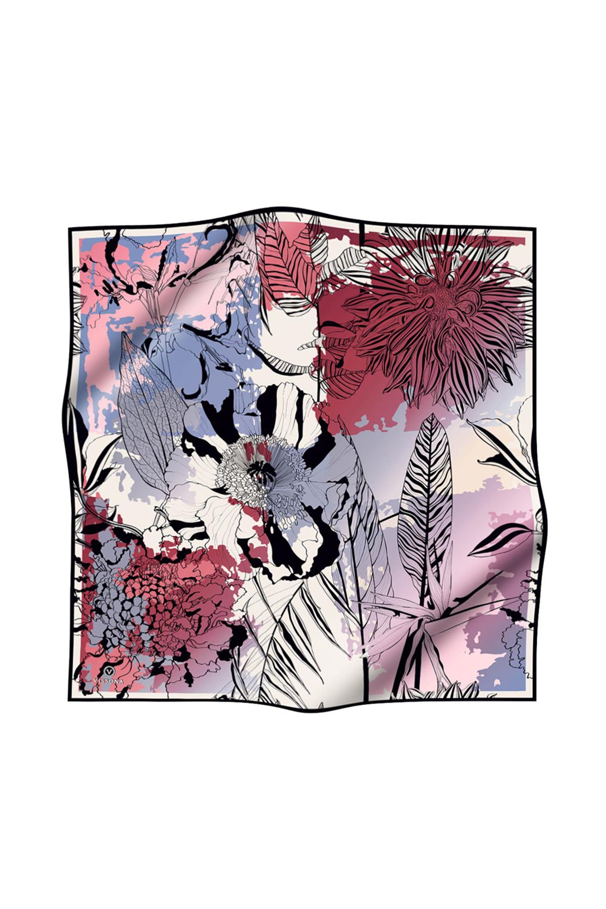 %100 Twill İpek Yaprak Desenli İndigo - Bordo Renkli 90x90 Eşarp Dikim Şekli : El Dikişi