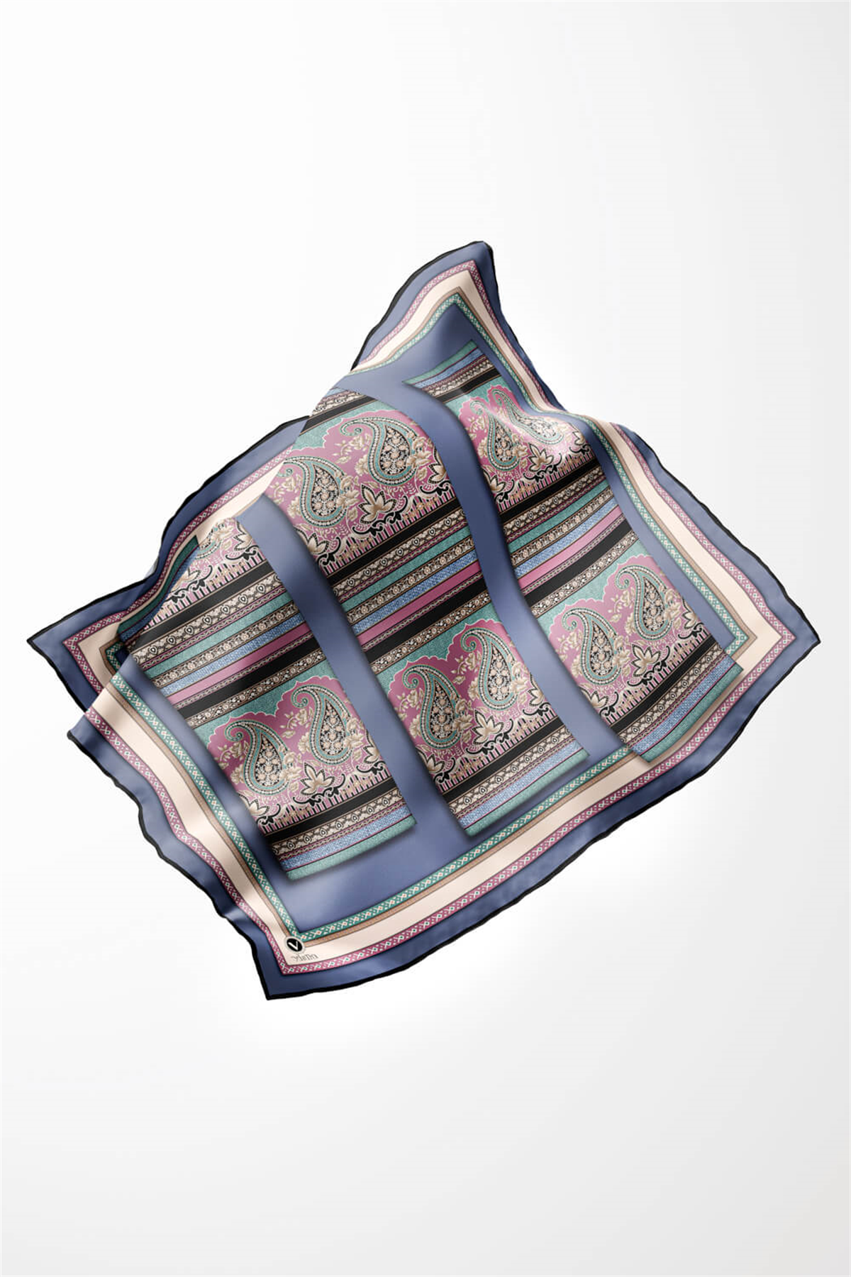 Twill Şal Desenli İndigo Renkli 90x90 Eşarp (İpek İçermez) Kenar Dikiş Şekli El Dikişli