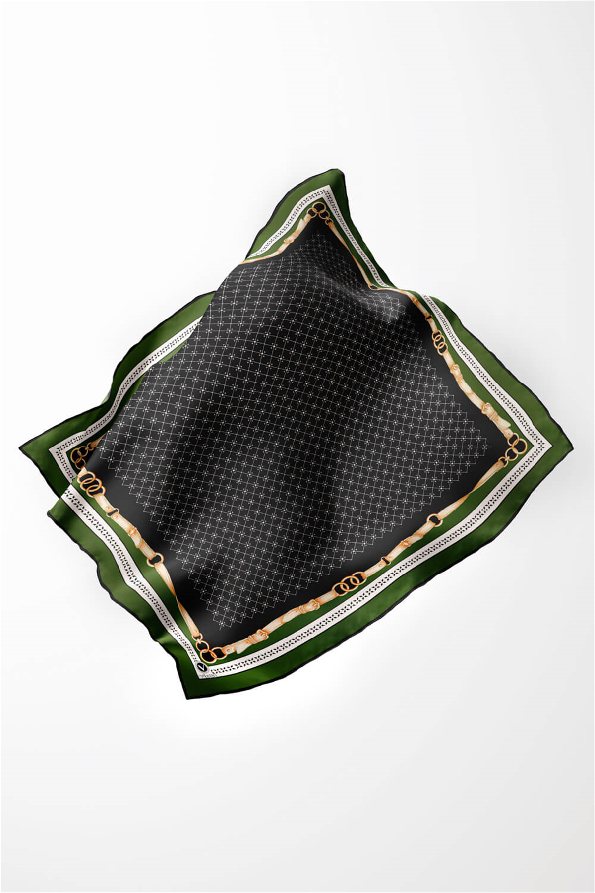 Twill Kemerli ve Çıtır Motifli Desenli Zümrüt Yeşili Renkli 90x90 Eşarp (İpek İçermez) Dikim Şekli : El Dikişi