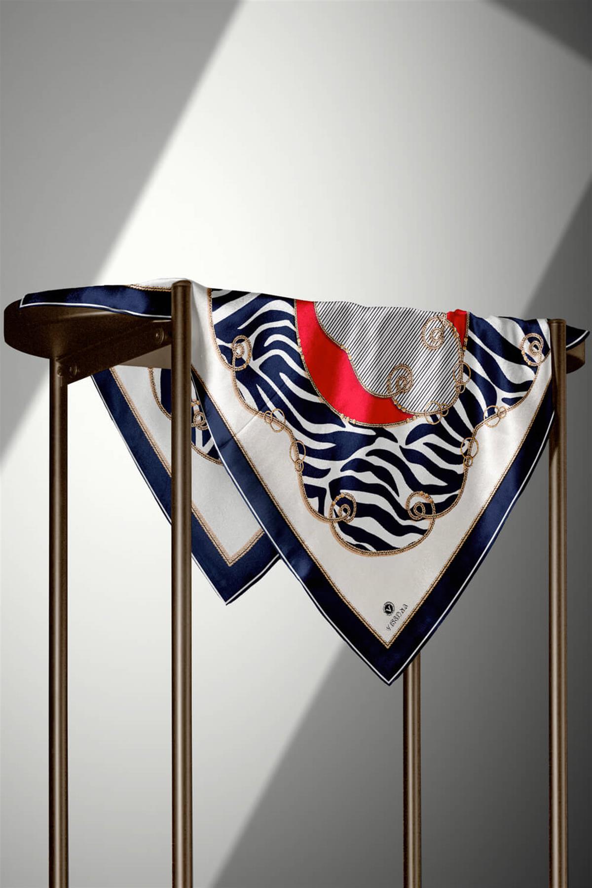 %100 Twill İpek Zincirli Ve Zebra Desenli Lacivert - Kırmızı Renkli 90x90 Eşarp Dikim Şekli : El Dikişi