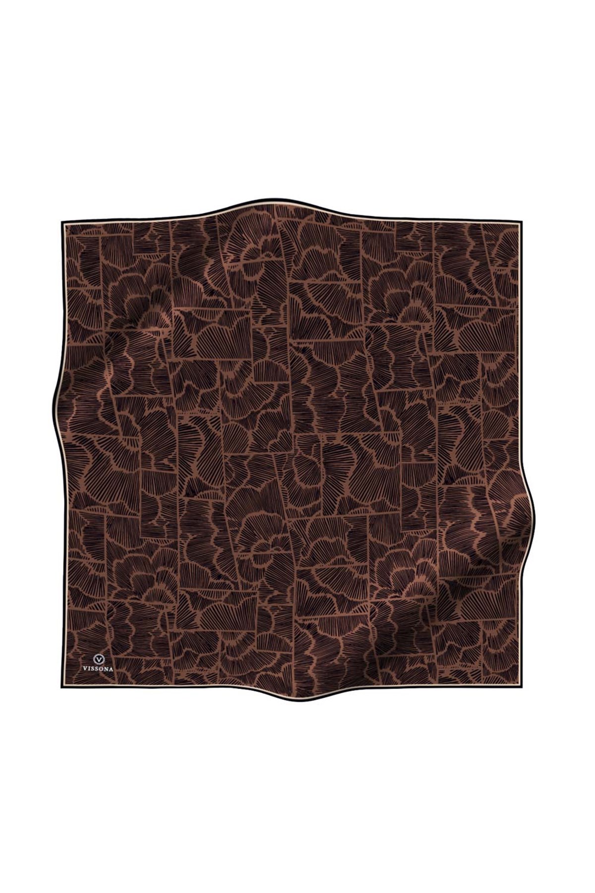 %100 Twill İpek Geometrik Desenli Bakır - Siyah Renkli 90x90 Eşarp Dikim Şekli : El Dikişi