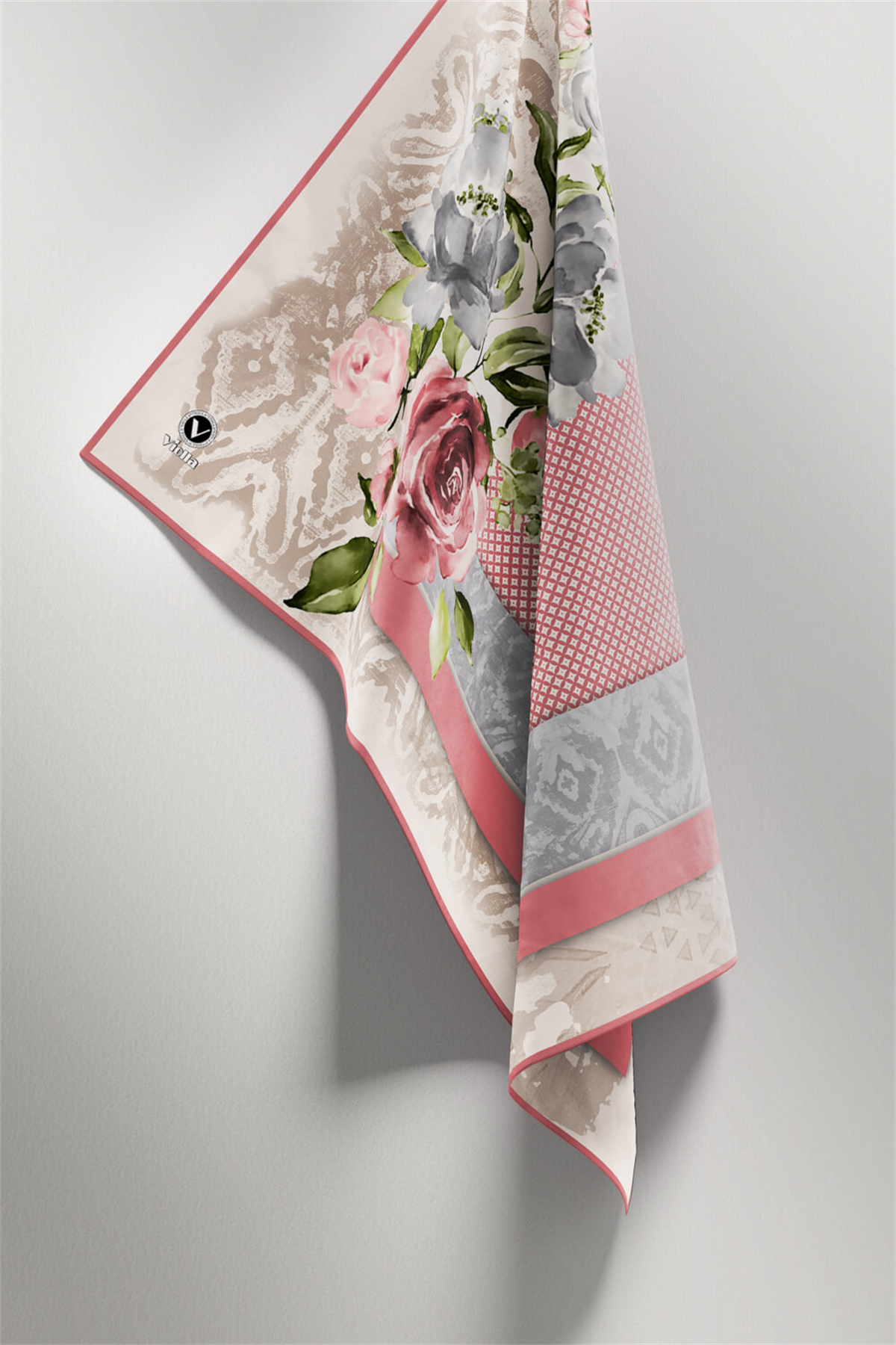 Twill Çiçek Desenli Pudra  Renkli 90x90 Eşarp (İpek İçermez) Kenar Dikiş Şekli El Dikişli