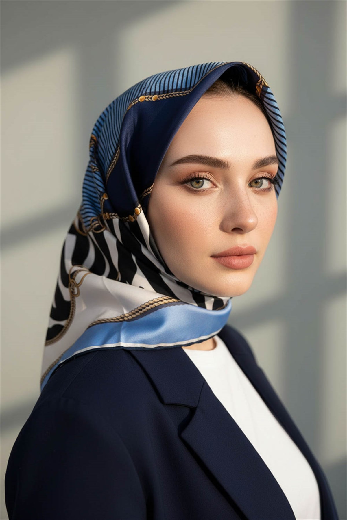 %100 Twill İpek Zincirli Ve Zebra Desenli İndigo - Lacivert Renkli 90x90 Eşarp Dikim Şekli : El Dikişi