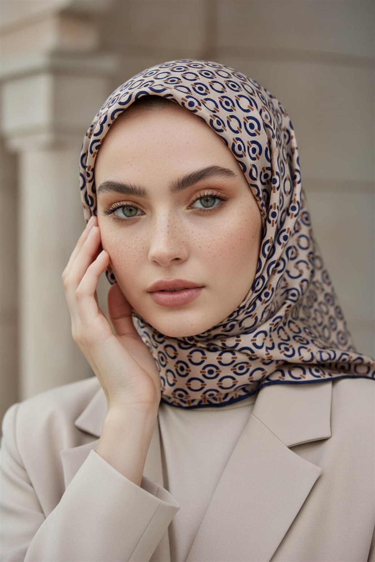 %100 Twill İpek Zincir Desenli Bej - Lacivert Renkli 90x90 Eşarp Kenar Dikiş Şekli El Dikişli