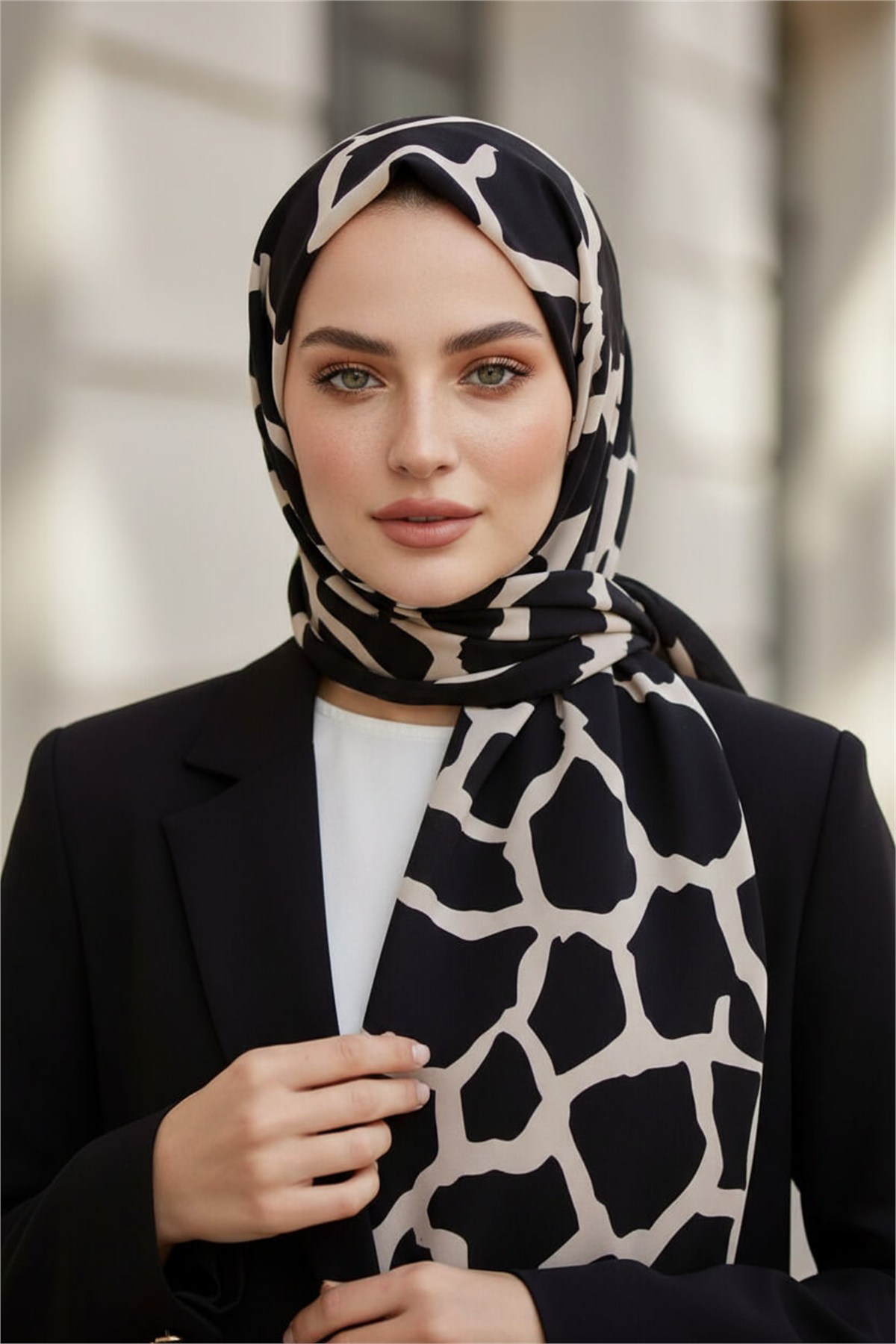 KREP TAŞ DESENLİ SİYAH - BEJ RENKLİ 75X195 KIRIŞMAZ ŞAL