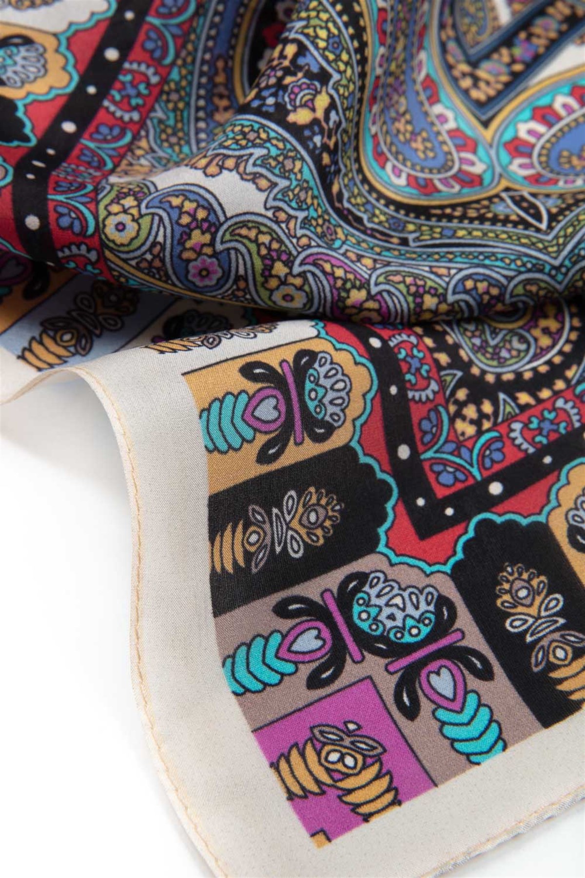 100% İPEK ETRO DESENLİ BEJ - SAKS RENKLİ ŞAL