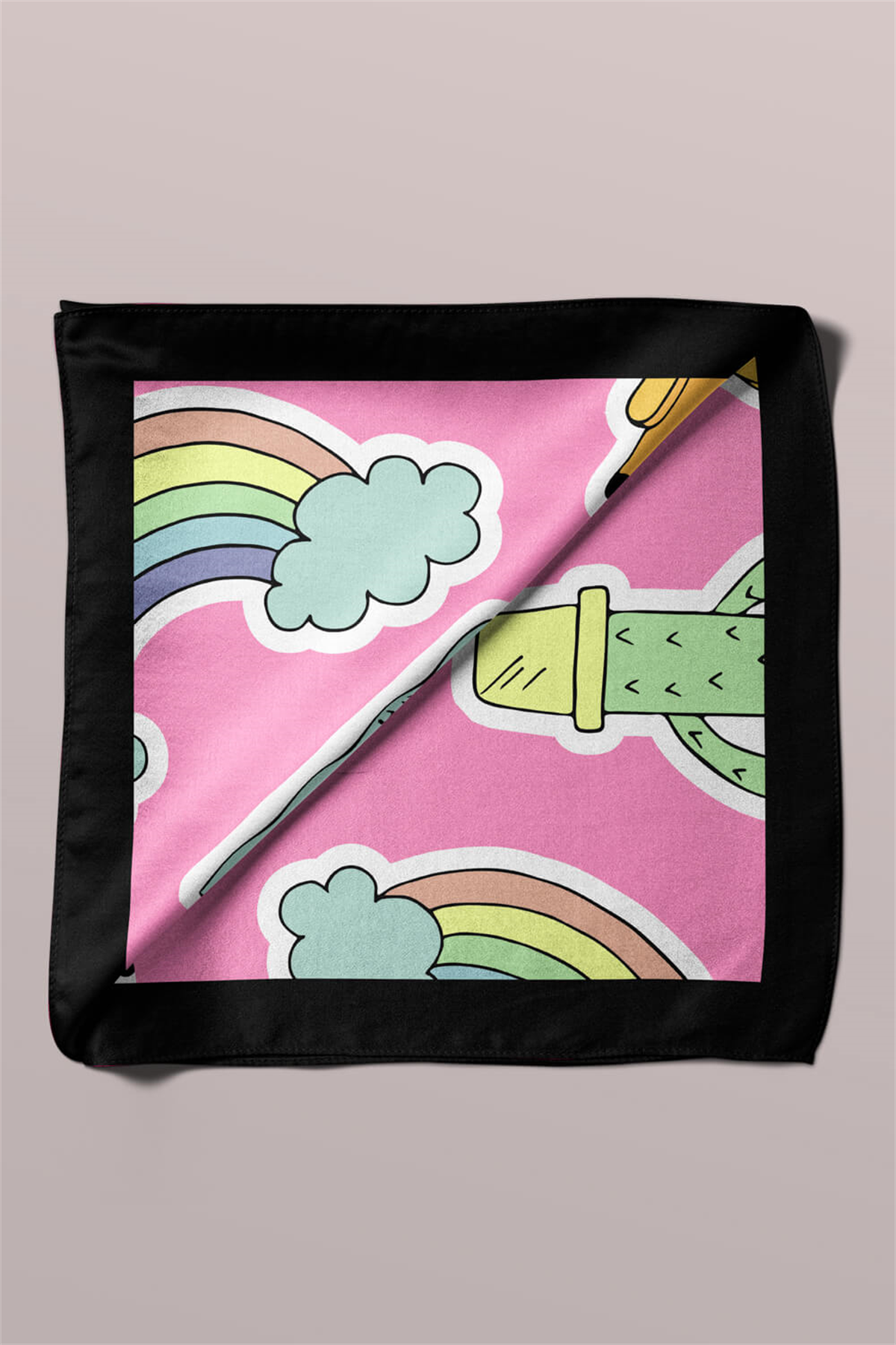 B75 Kadın Seda Desenli Bandana 50x50 Pembe DG0361-22 Snz