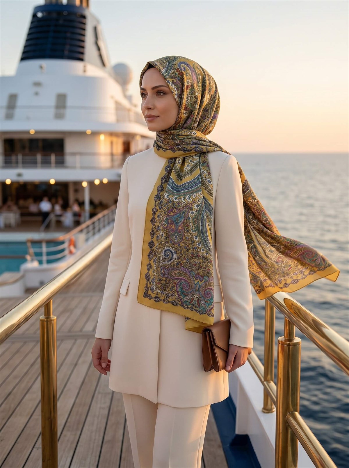 100% İpek Etro Desenli Gold - Mor Renkli 92x210 Şal