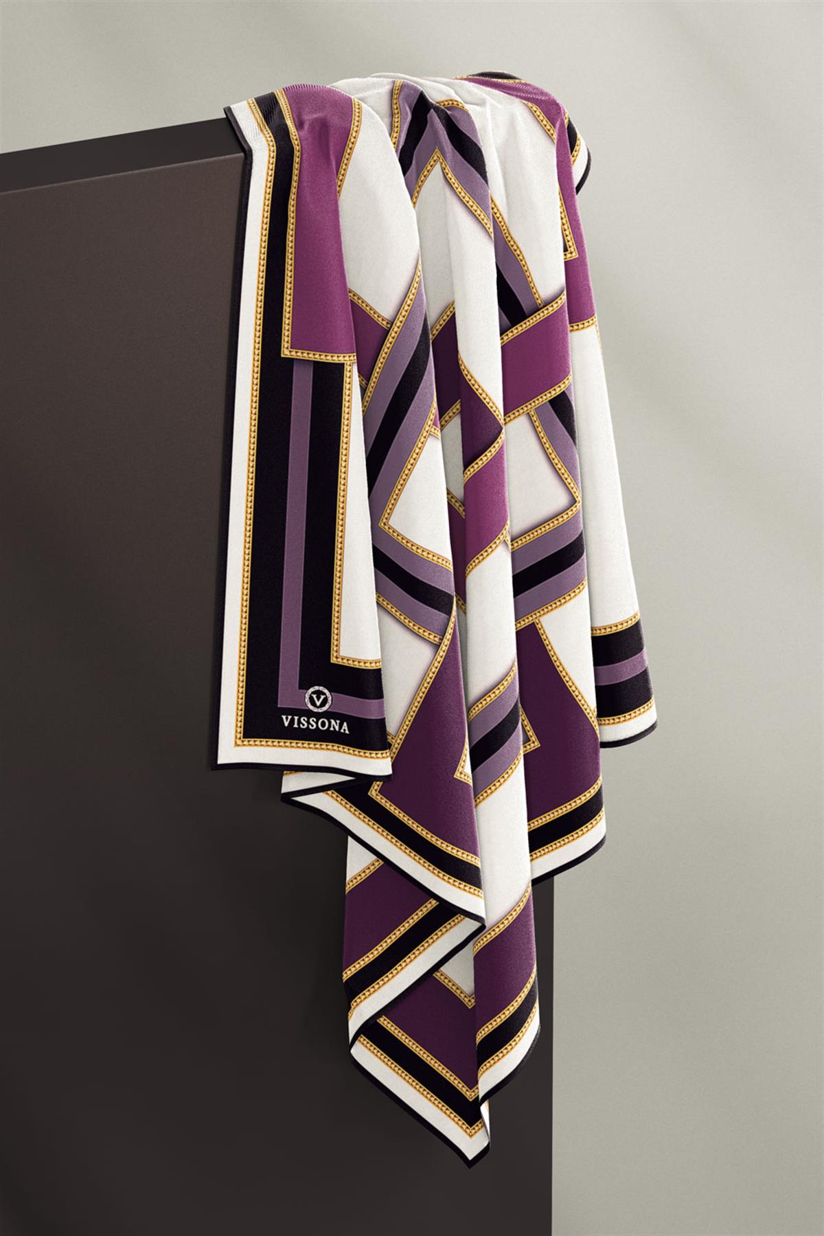 %100 Twill İpek Geometrik Desenli Leylak - Mor Renkli 90x90 Eşarp Dikim Şekli : El Dikişi