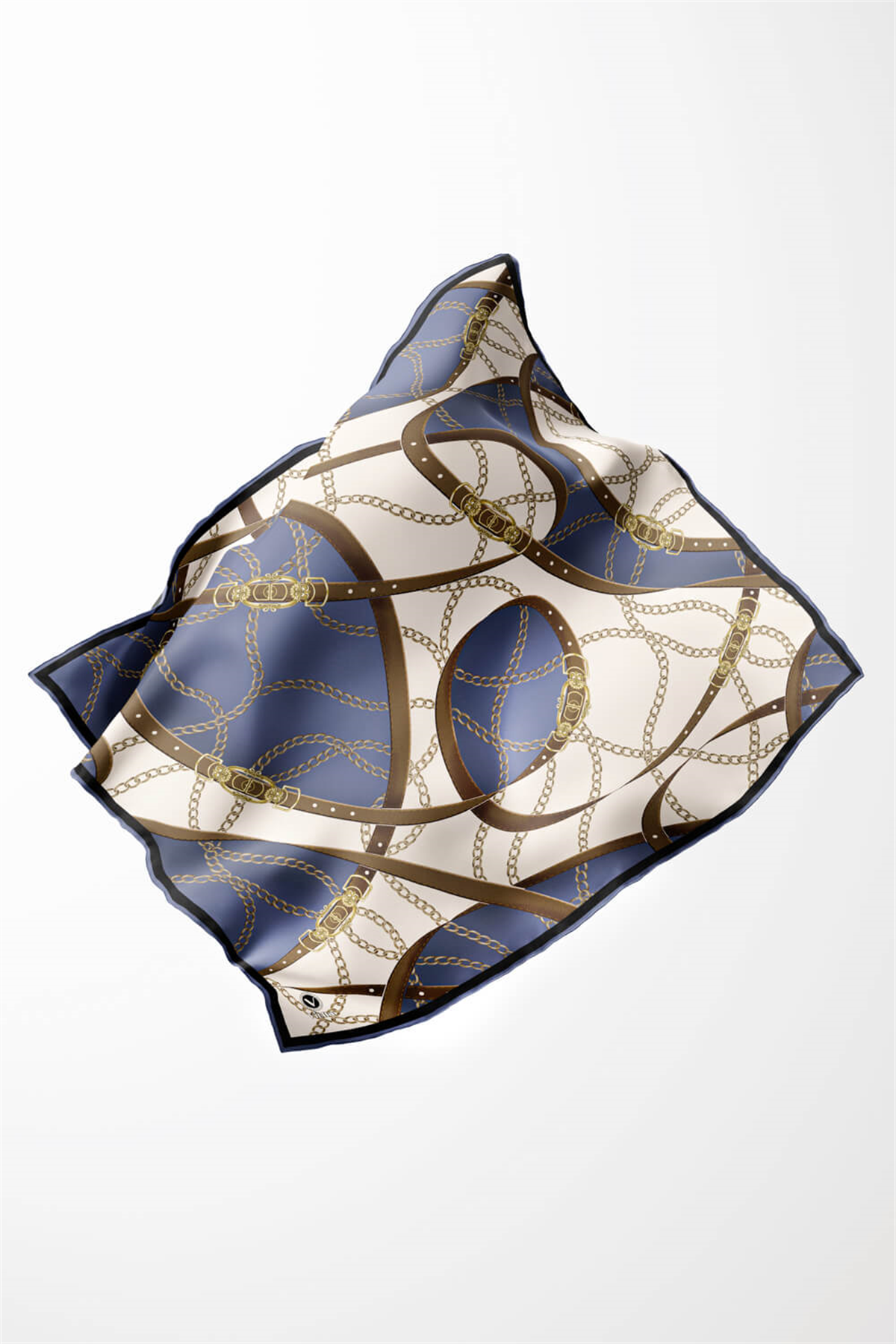 Twill Kemer ve Zincir Desenli İndigo Renkli 90x90 Eşarp (İpek İçermez) Kenar Dikiş Şekli El Dikişli