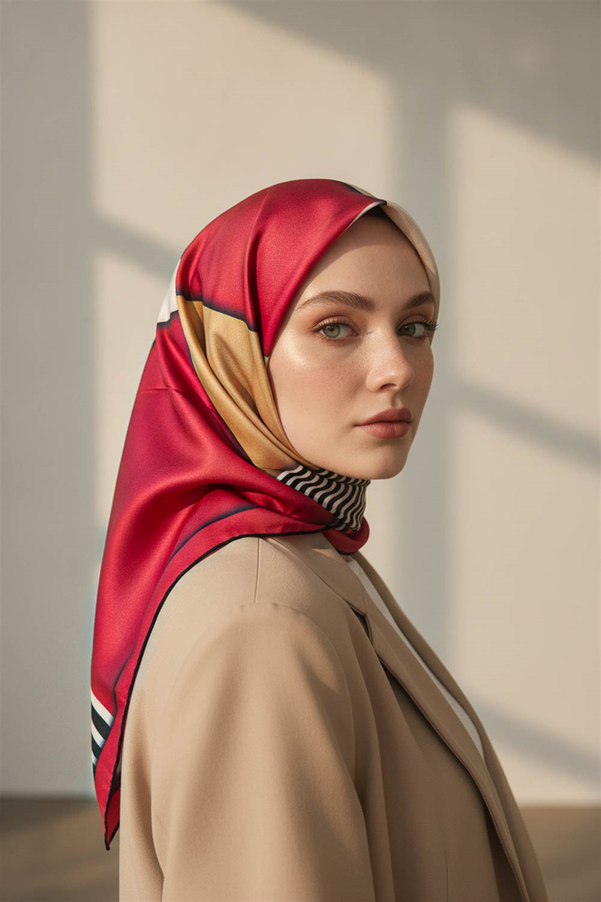 %100 Twill İpek Çizgili ve Geometrik Desenli Bordo - Vizon Renkli 90x90 Eşarp Dikim Şekli : El Dikişi