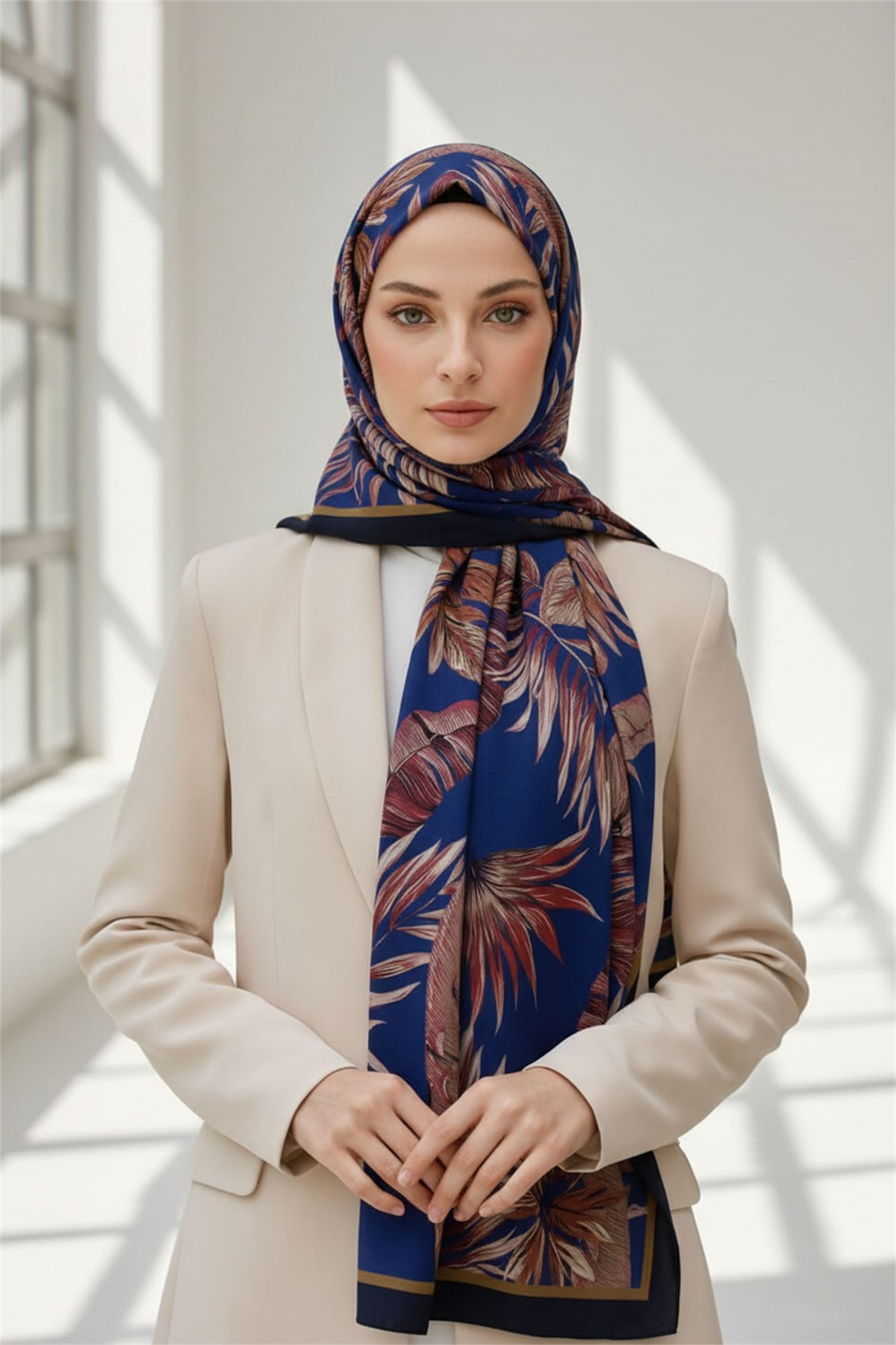 KREP YAPRAK DESENLİ LACİVERT - BORDO RENKLİ 75X195 KIRIŞMAZ ŞAL