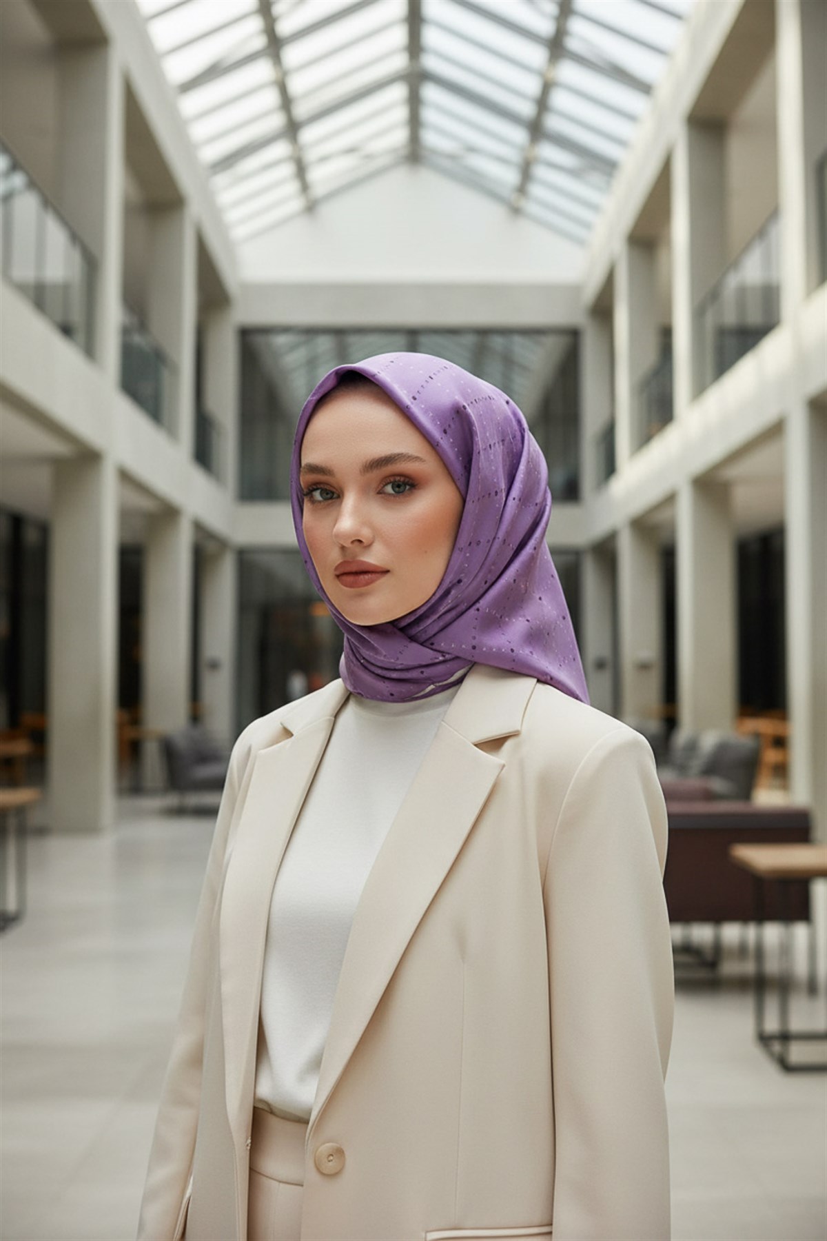 %100 Twill İpek Minik V Desenli Mor Renkli 90x90 Eşarp Dikim Şekli : El Dikişi