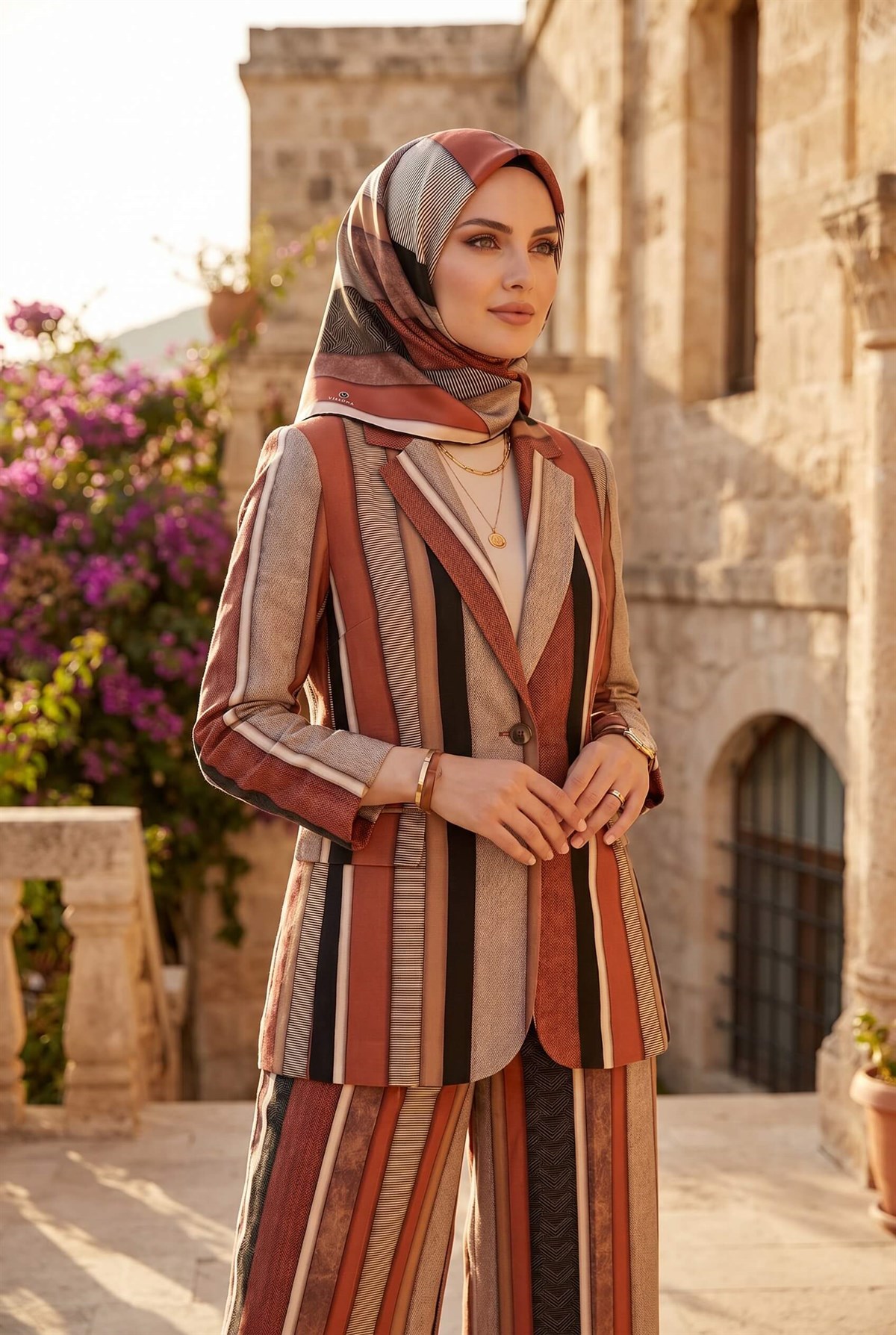 %100 Twill İpek Dokulu ve Geometrik Desenli Taba - Siyah Renkli 90x90 Eşarp Dikim Şekli : El Dikişi