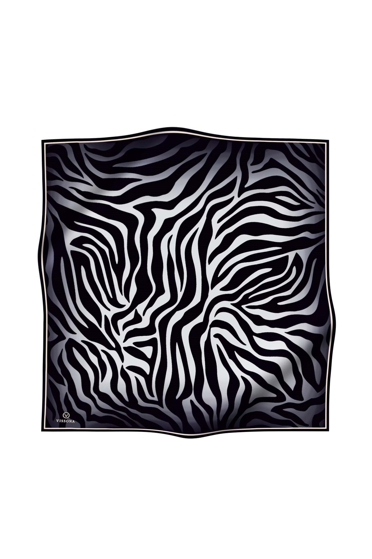 %100 Twill İpek Zebra Desenli Gümüş - Siyah Renkli 90x90 Eşarp Dikim Şekli : El Dikişi