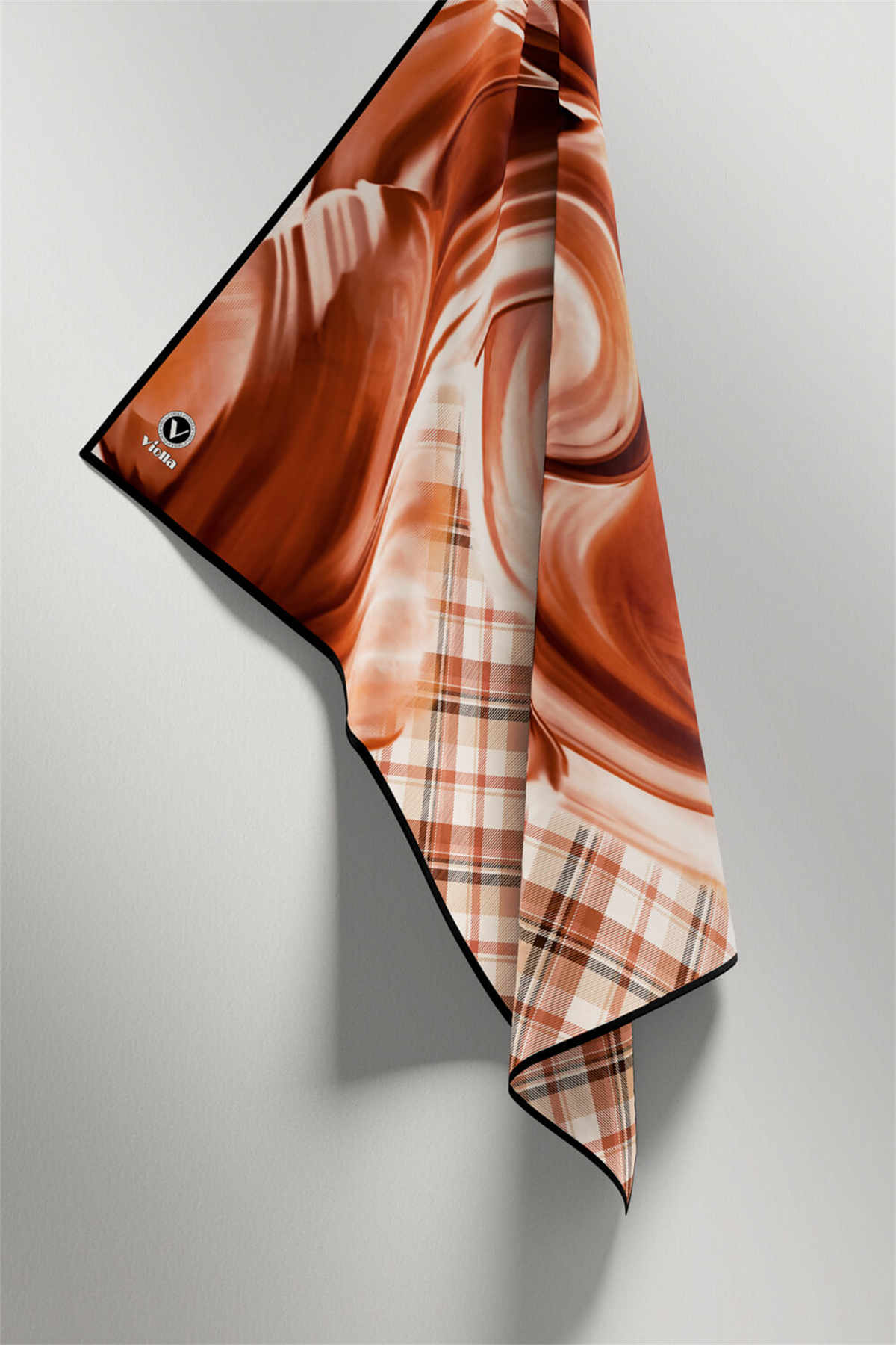 Twill Dalga ve Ekose Desenli Taba Renkli 90x90 Eşarp (İpek İçermez)Kenar Dikiş Şekli El Dikişli
