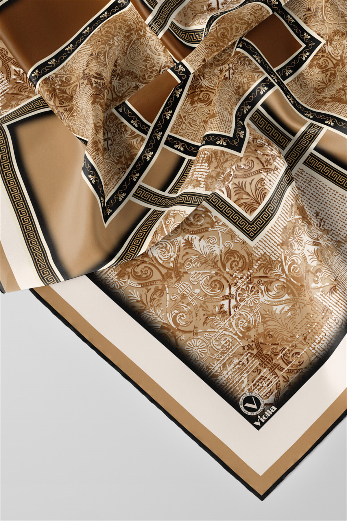 Twill Geometrik Desenli Hardal Renkli 90x90 Eşarp (İpek İçermez) Kenar Dikiş Şekli El Dikişli