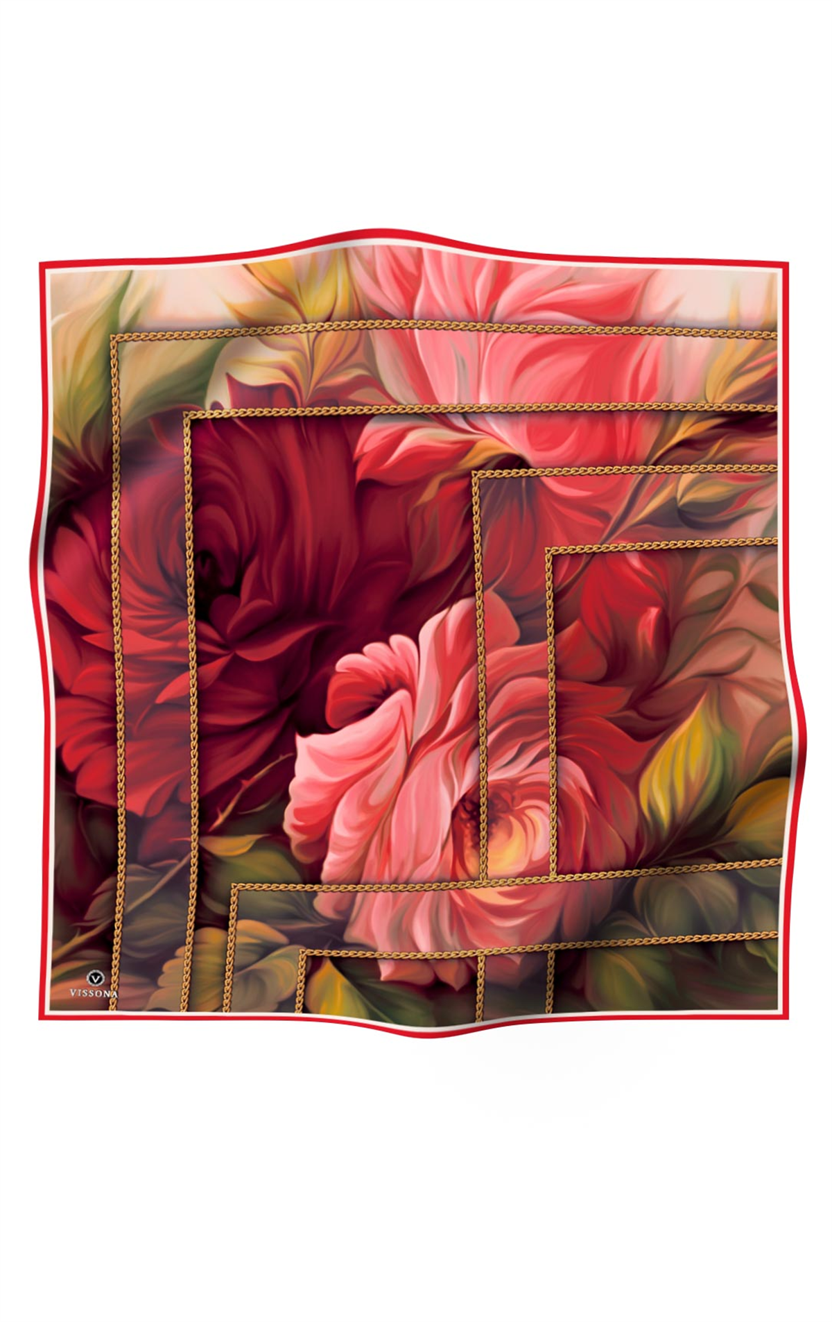 % 57 İPEK % 43 VİSKON Twill İpek Çiçek Geometrik Desenli kırmızı Renkli 90x90 Eşarp Dikim Şekli : El Dikişi