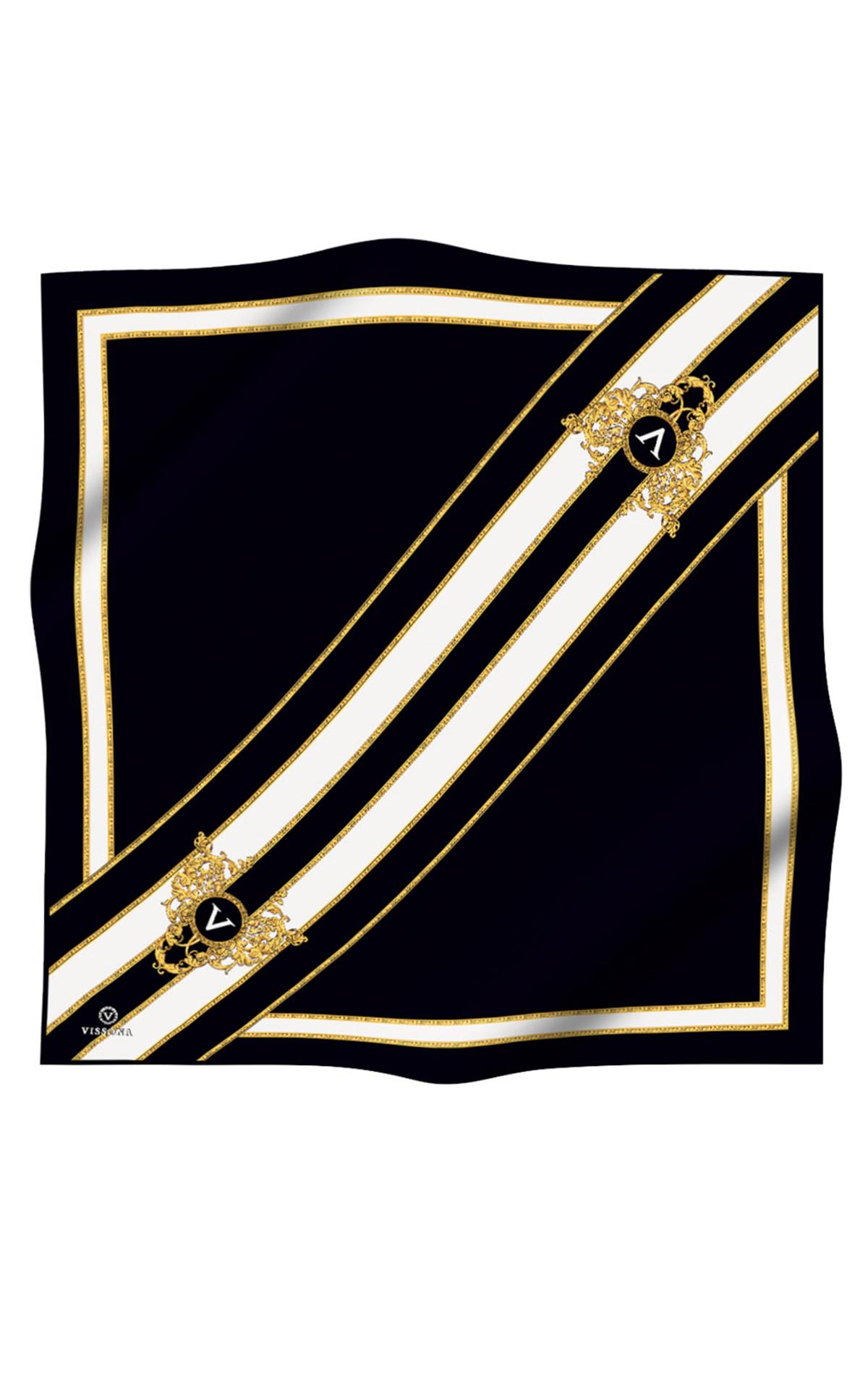 %100 Twill İpek Barok Ve Şerit Desenli Siyah - Krem Renkli 90x90 Eşarp Dikim Şekli : El Dikişi