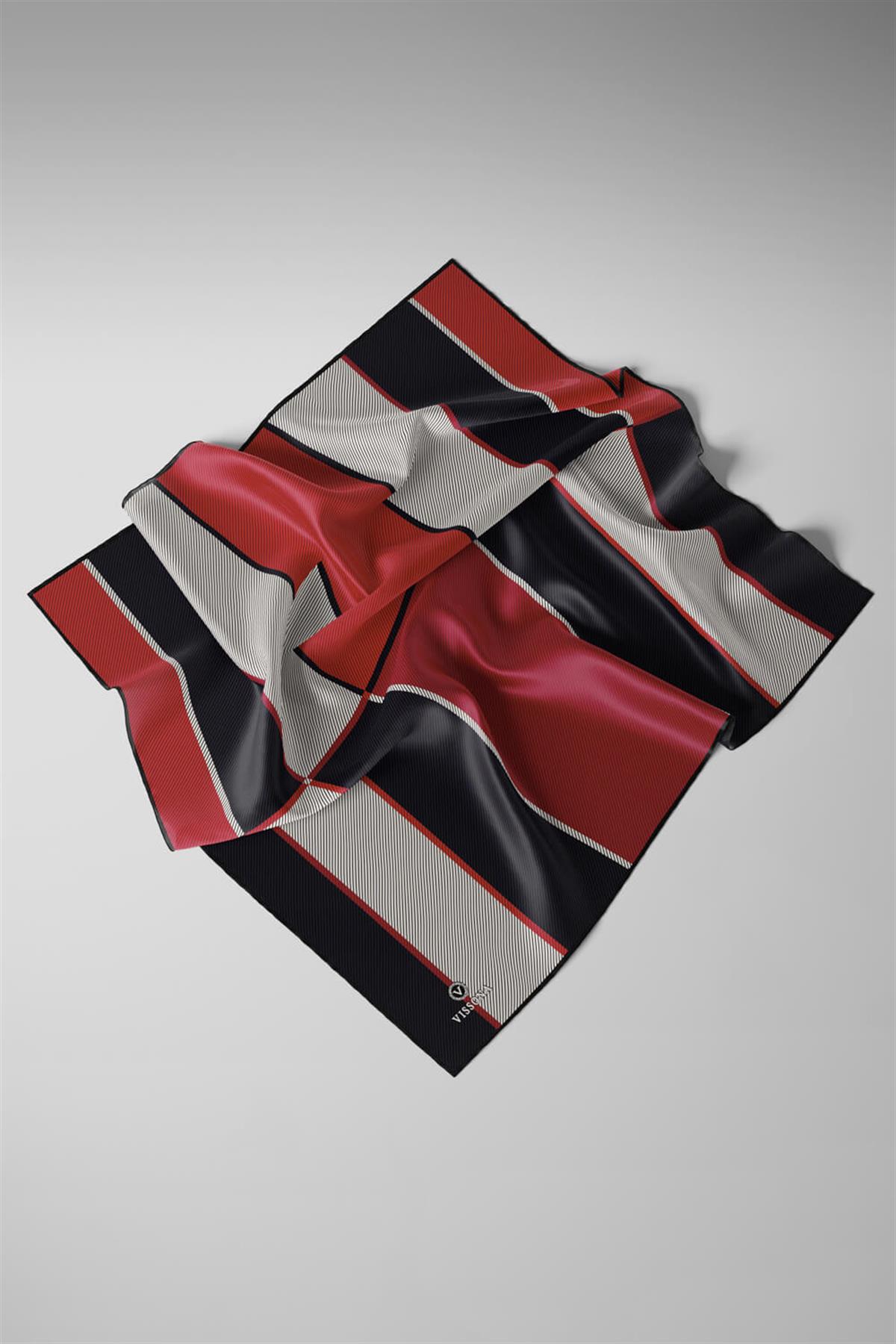 %100 Twill İpek Geometrik Desenli Bordo Renkli 90x90 Eşarp Dikim Şekli : El Dikişi