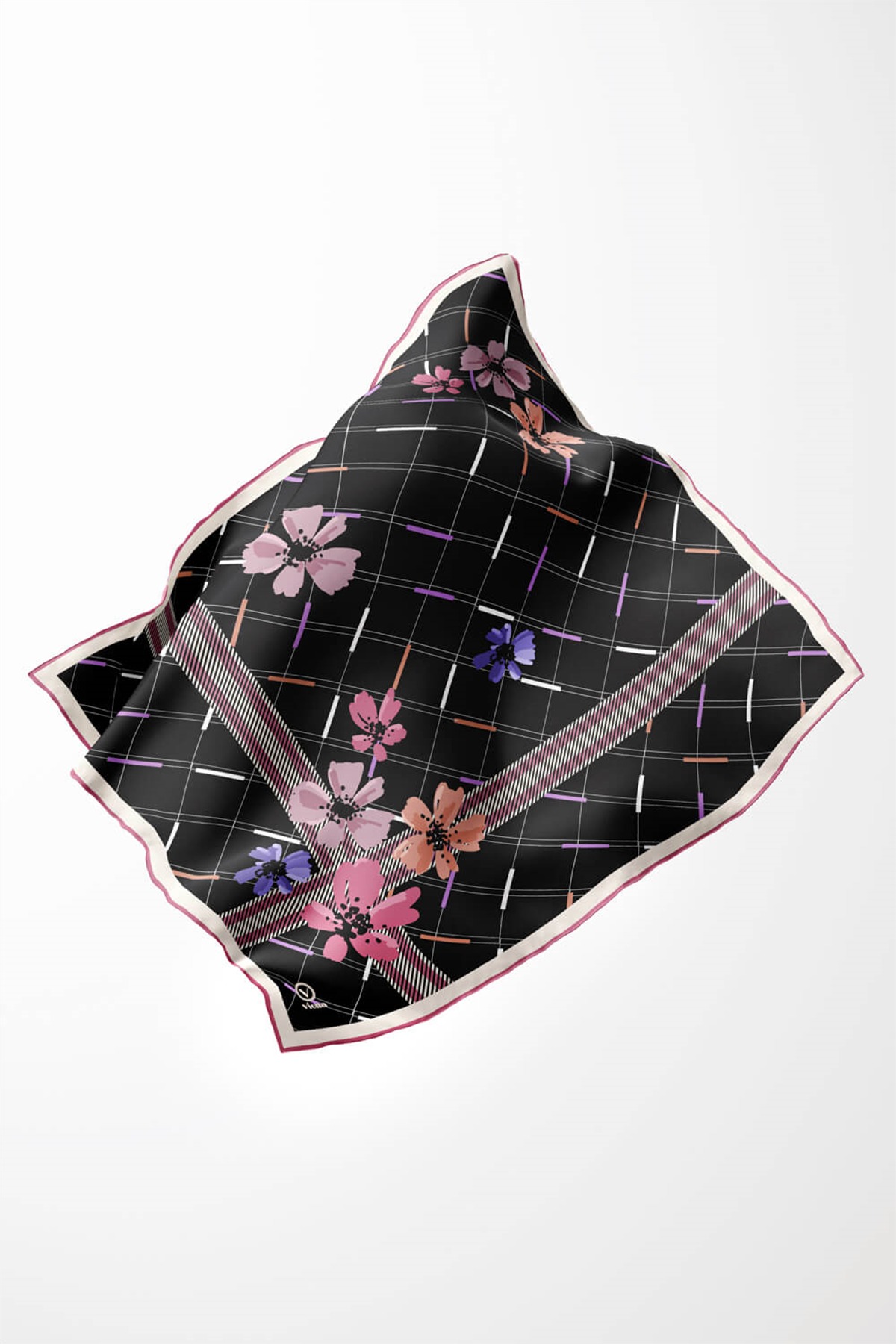 Twill Papatya Desenli Pembe Renkli 90x90 Eşarp (İpek İçermez) Kenar Dikiş Şekli El Dikişli