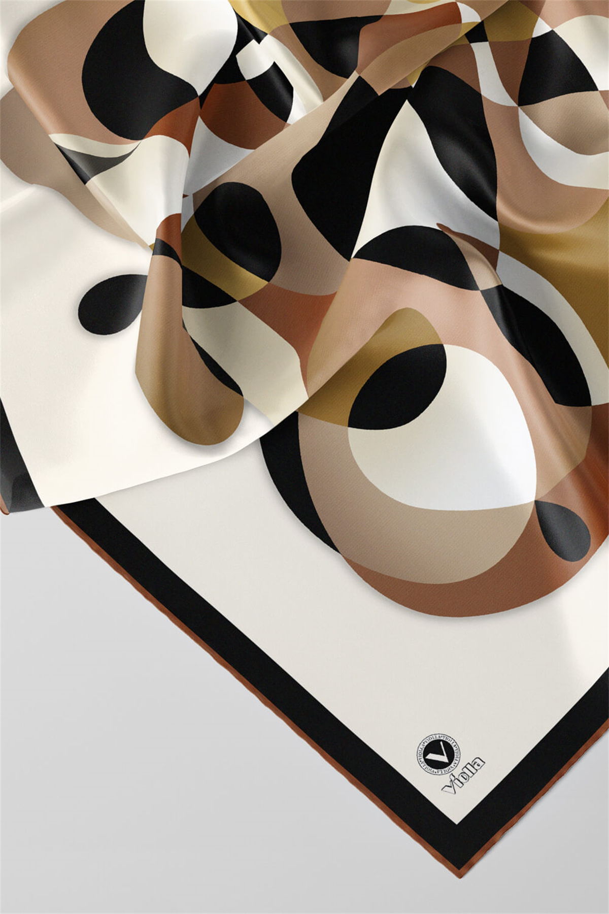 Twill Geometrik Desenli Hardal Renkli 90x90 Eşarp (İpek İçermez) Kenar Dikiş Şekli El Dikişli