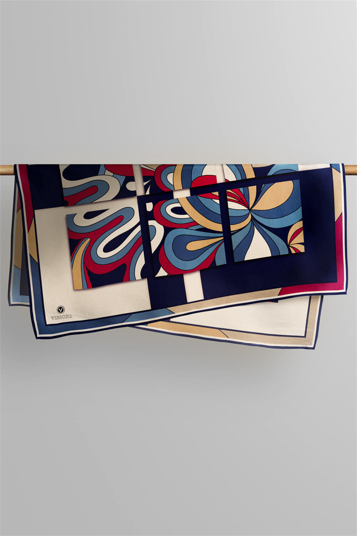 % 57 İPEK % 43 VİSKON Twill İpek Geometrik Desenli Lacivert - Bordo Renkli 90x90 Dikim Şekli : El Dikişi Eşarp