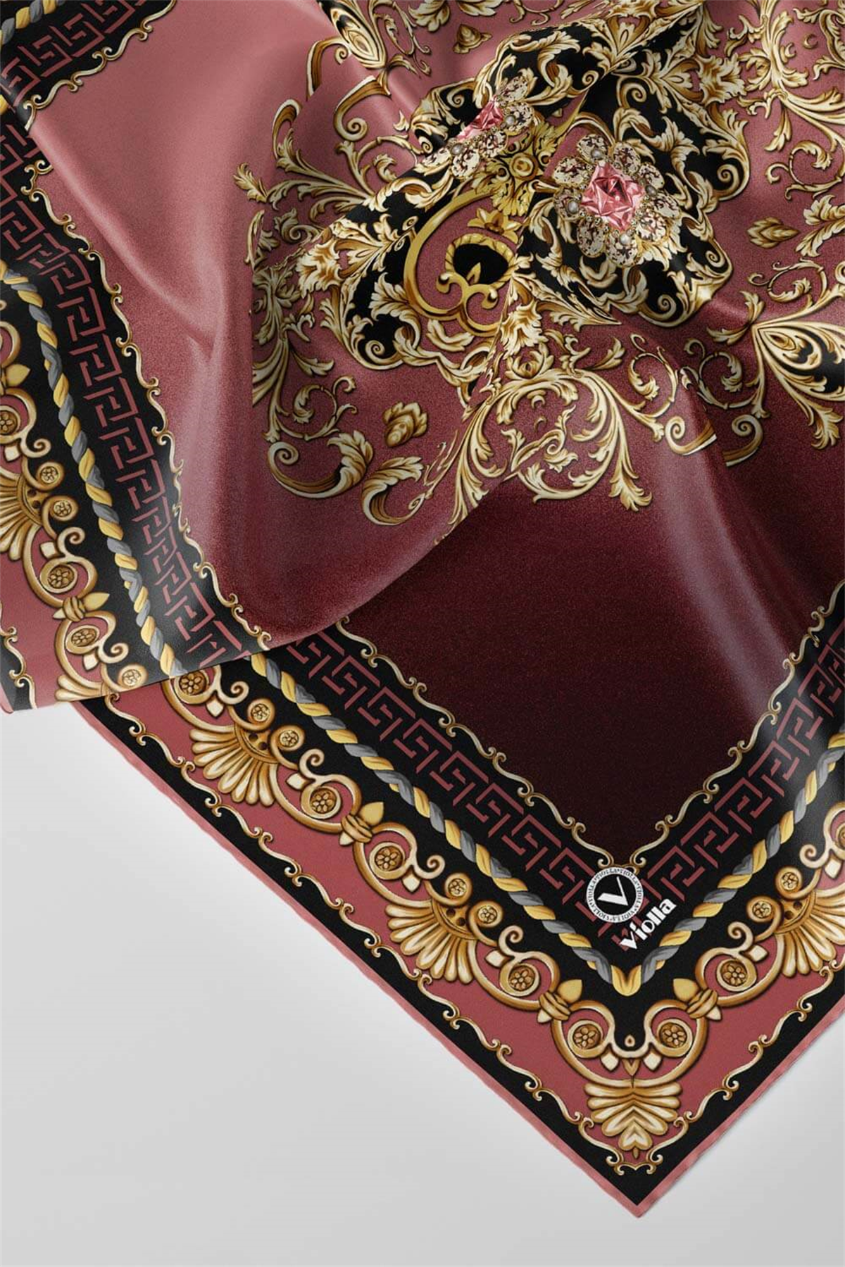 Twill Barok Desenli Gül Kurusu Renkli 90x90 Eşarp (İpek İçermez) Dikim Şekli : El Dikişi
