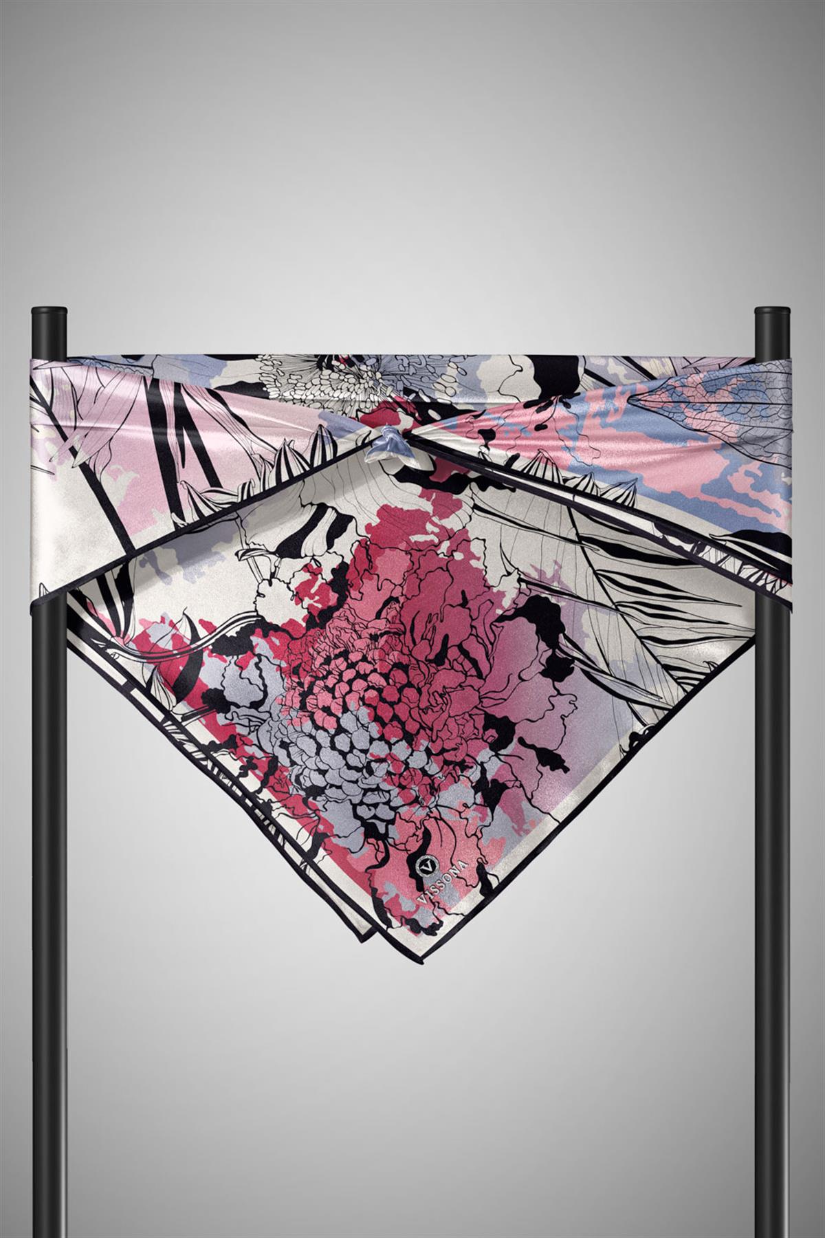 %100 Twill İpek Yaprak Desenli İndigo - Bordo Renkli 90x90 Eşarp Dikim Şekli : El Dikişi