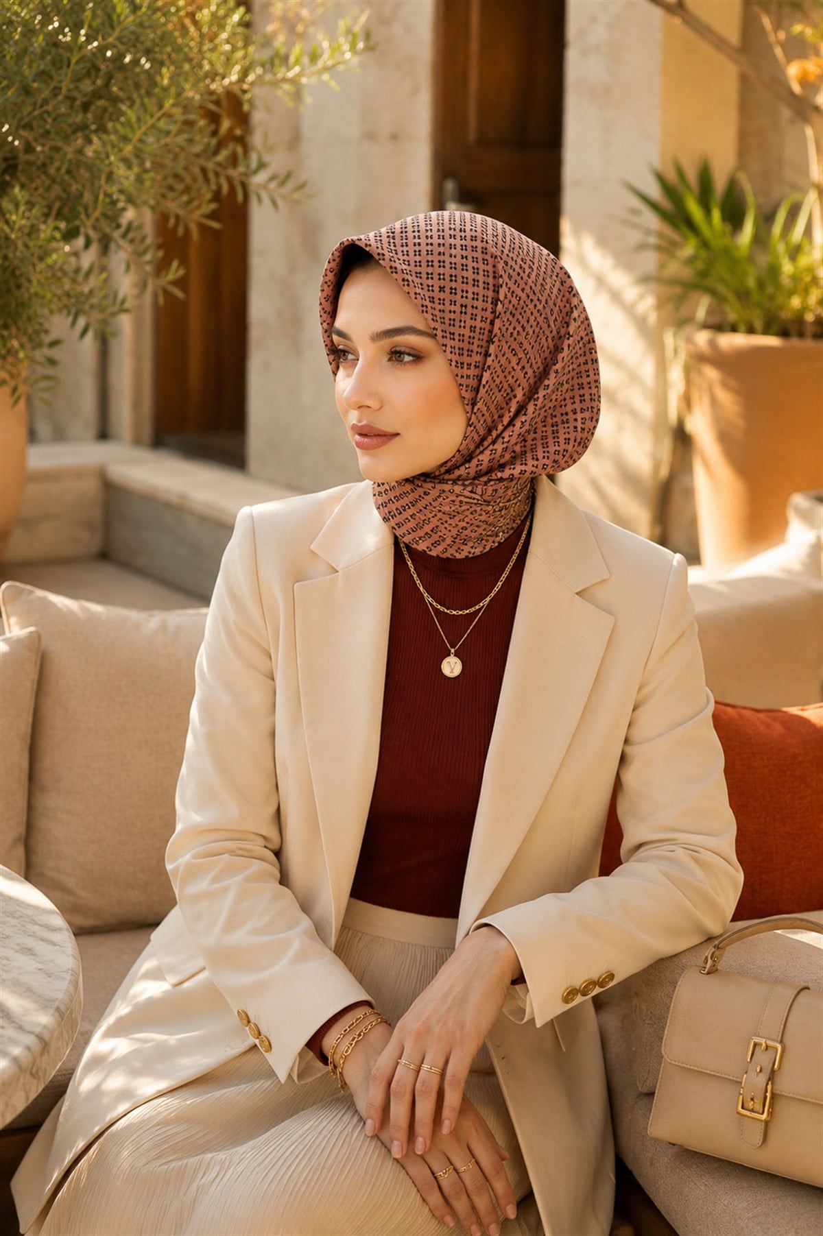 %100 Twill İpek Zincir Desenli Bakır - Siyah Renkli 90x90 Eşarp Dikim Şekli : El Dikişi