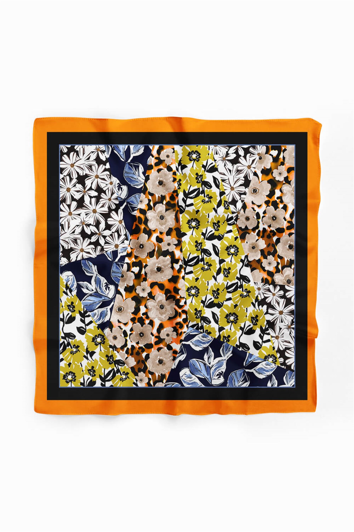 Violla H47 Kadın Sarı Mavi Çiçek Desenli 50x50 Bandana HYL DG01631-22
