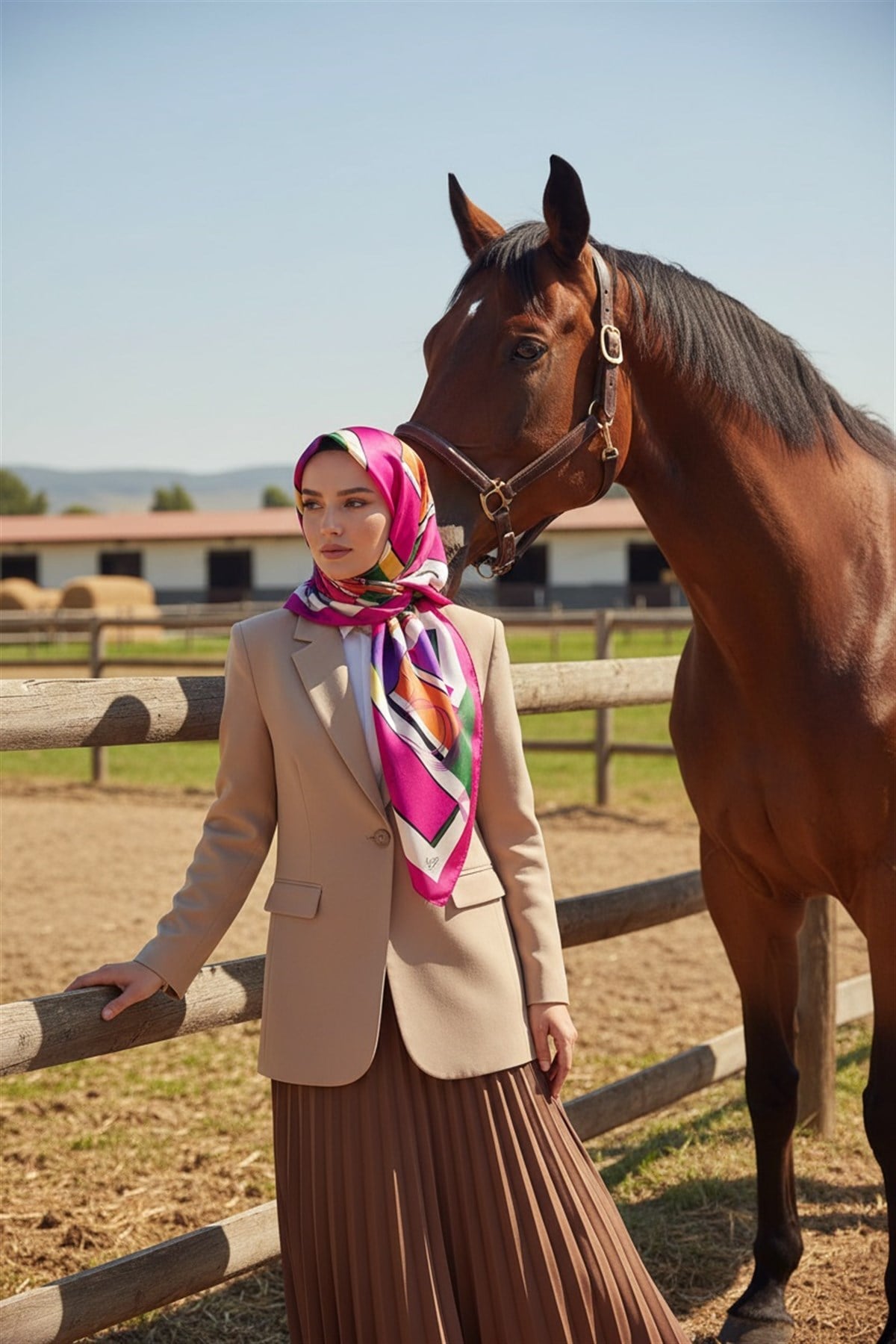 %100 Twill İpek Geometrik Desenli Fuşya - Mor Renkli 90x90 Eşarp Dikim Şekli : El Dikişi