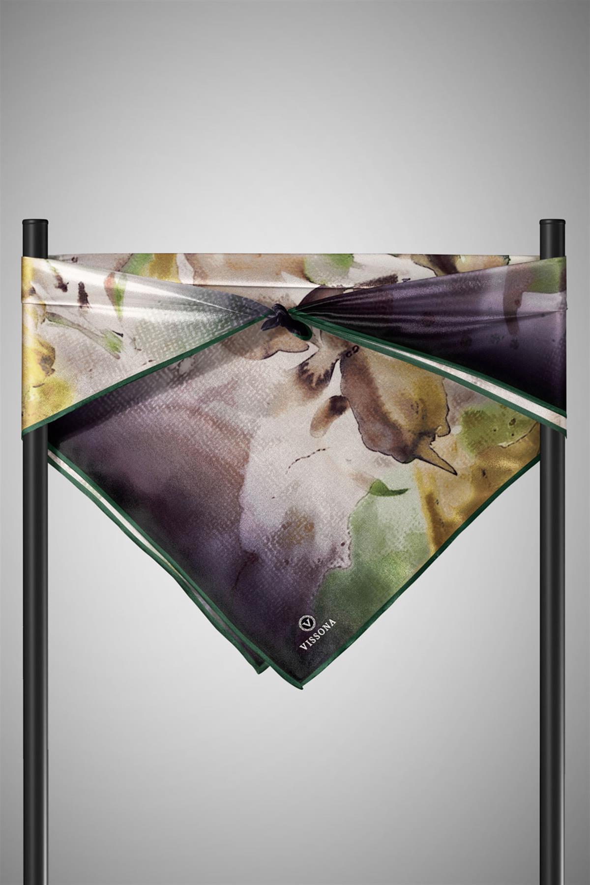 %100 Twill İpek Suluboya Çiçek Desenli Hardal - Haki Renkli 90x90 Eşarp Dikim Şekli : El Dikişi