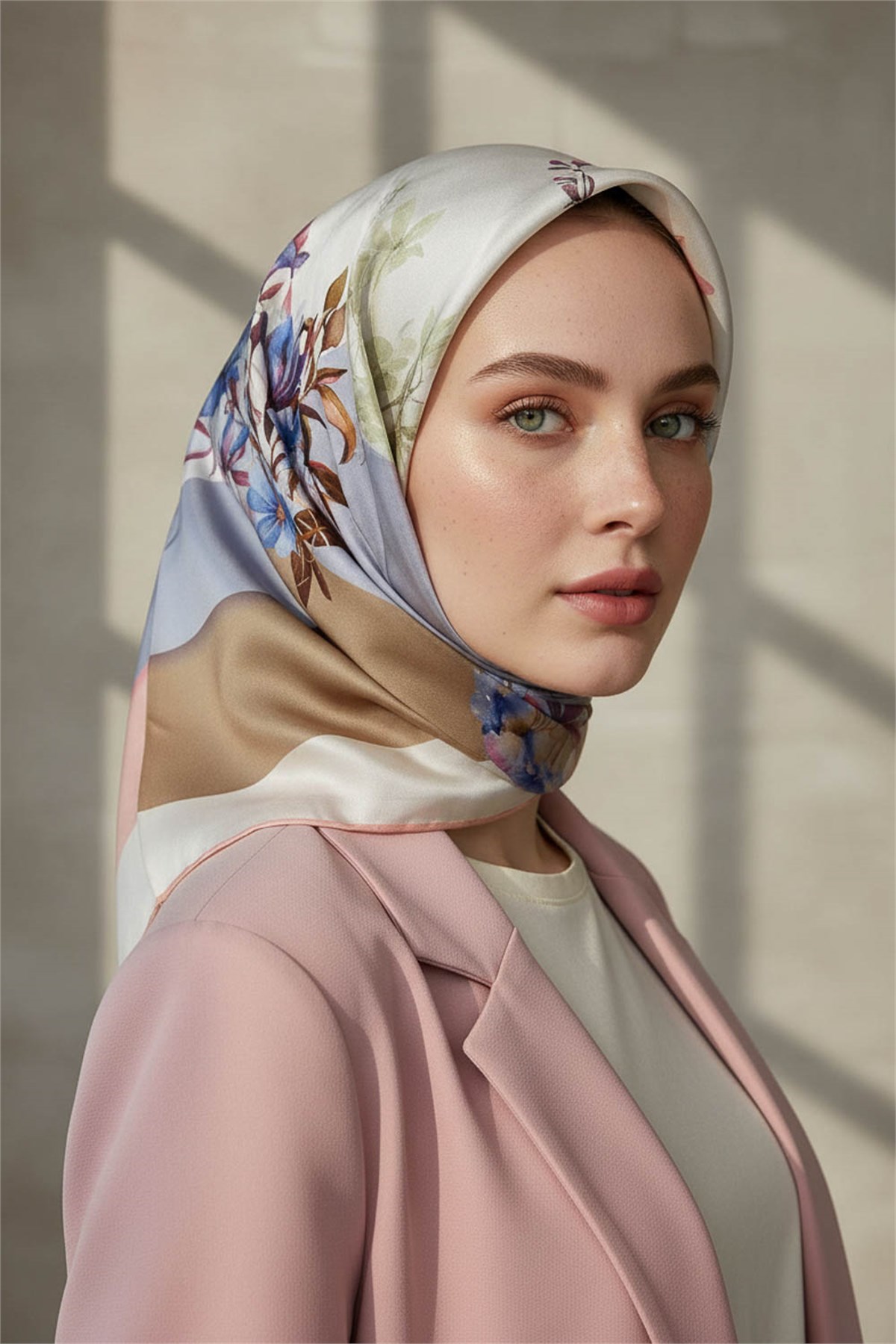 %100 Twill İpek Kareli Ve Çıtır Çiçek Desenli Pudra - Bebe Mavisi Renkli 90x90 Eşarp Dikim Şekli : El Dikişi