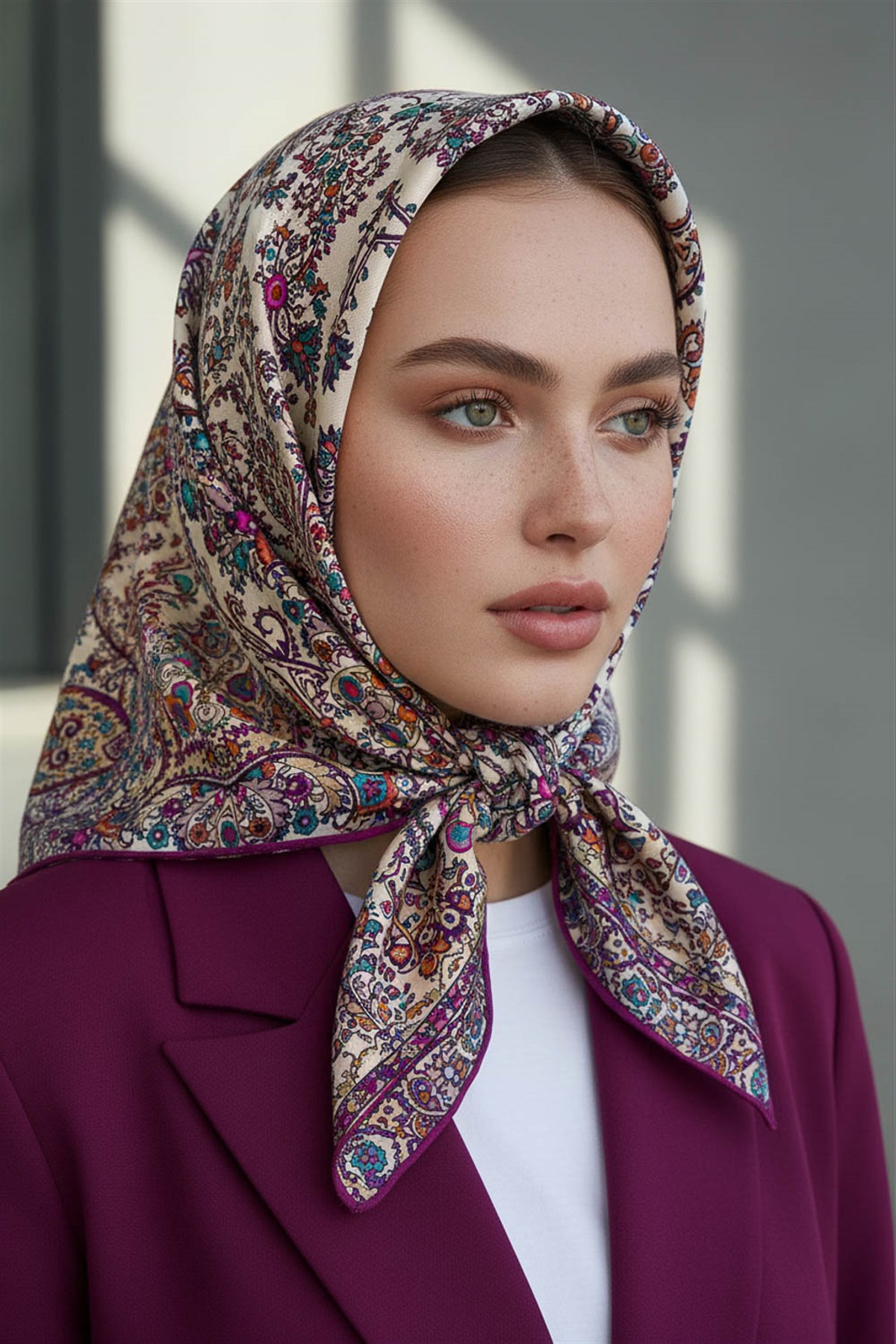 %100 Twill İpek Şal Desenli Krem - Mürdüm Renkli 90x90 Eşarp Dikim Şekli : El Dikişi