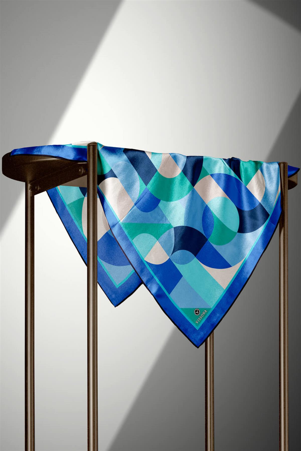 %100 Twill Renk Bloklu Çizgili Desenli Saks - Mint Yeşili Renkli 90x90 Eşarp Dikim Şekli: El Dikişii