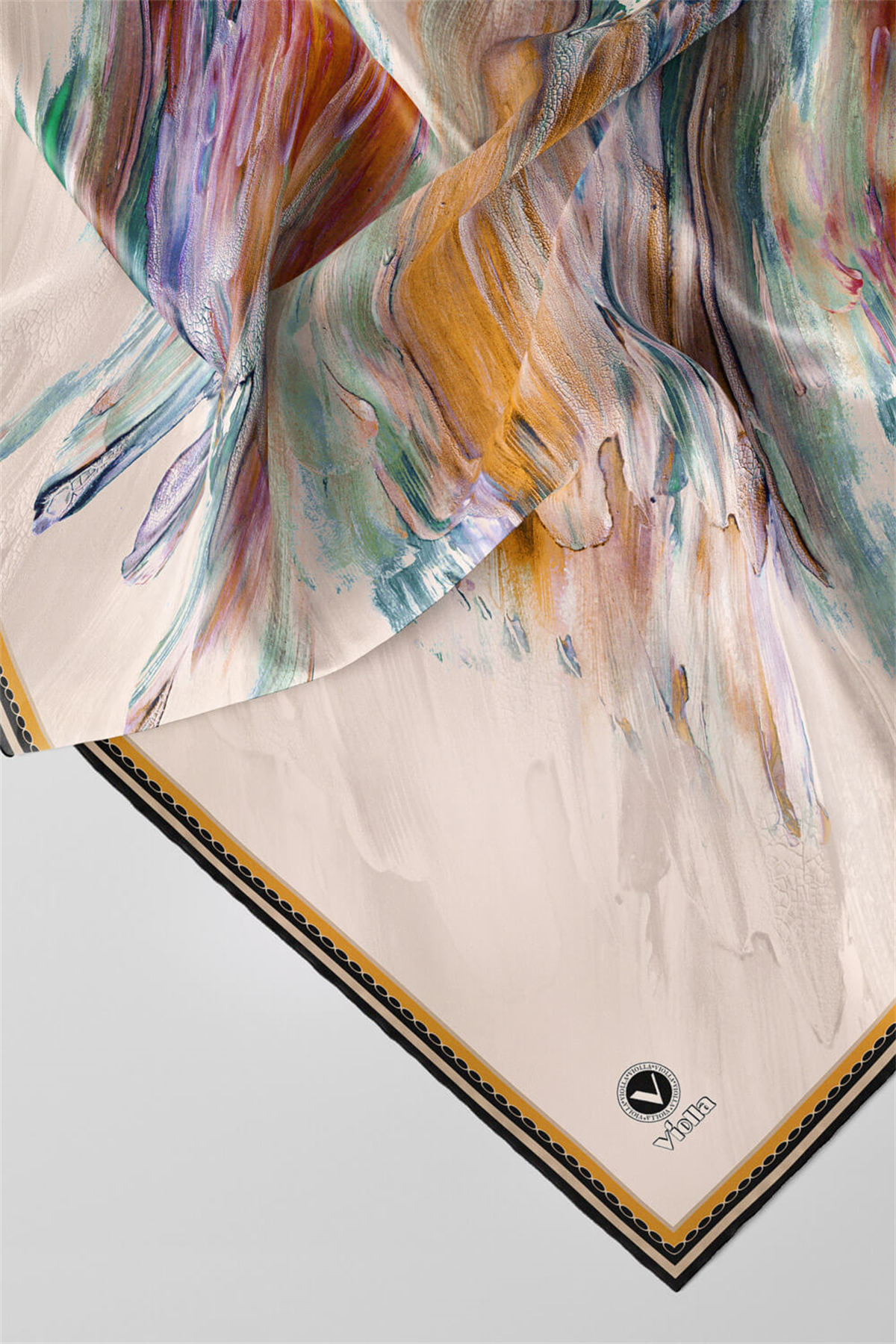 Twill Fırça Darbesi Desenli Hardal Renkli 90x90 Eşarp (İpek İçermez) Dikim Şekli : El Dikişi