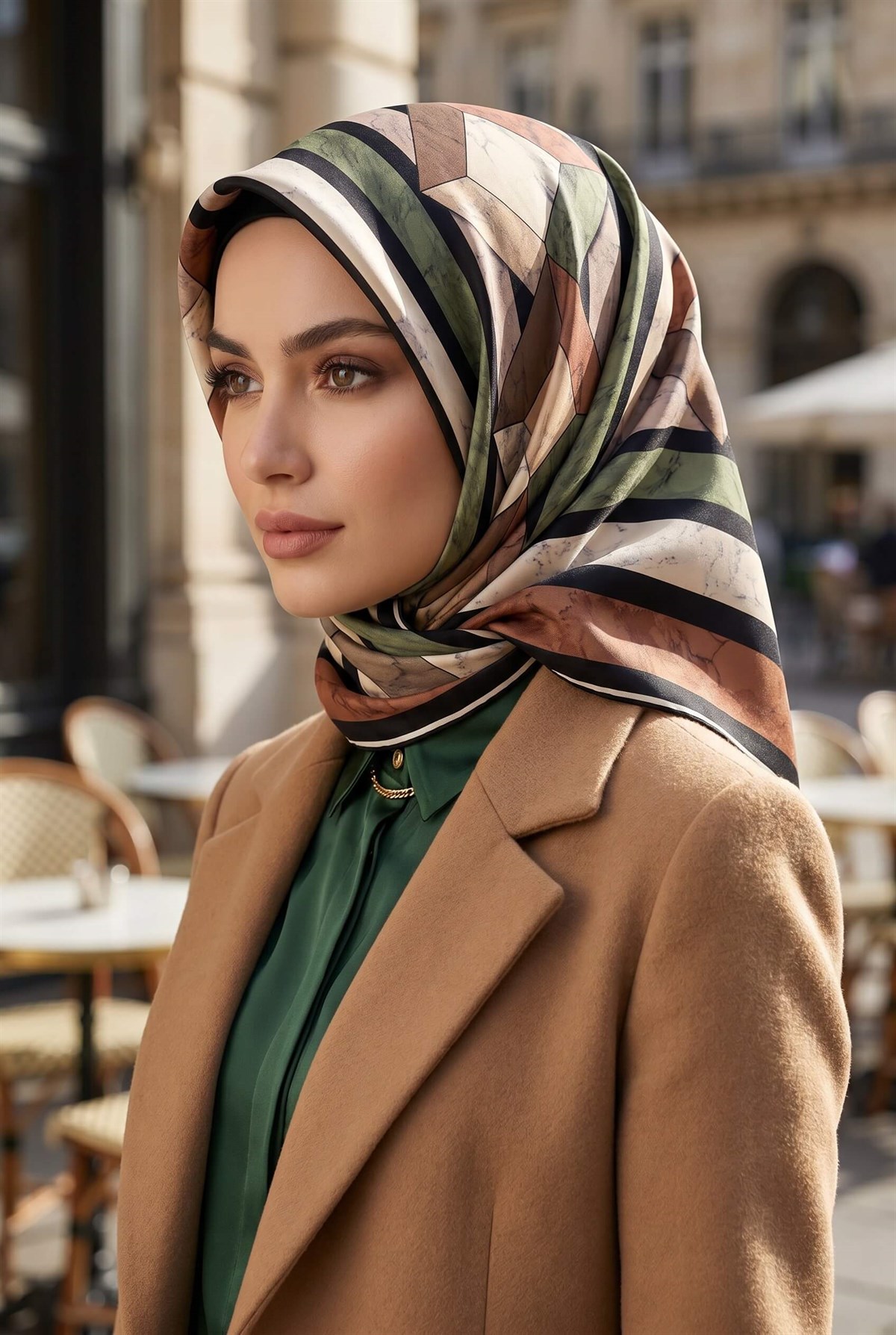 %100 Twill İpek Geometrik Mermer Desenli Haki - Bakır Renkli 90x90 Eşarp Dikim Şekli : El Dikişi