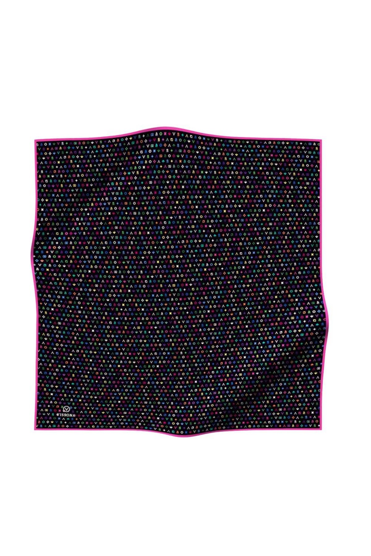 %100 Twill İpek Çıtır Motif Desenli Siyah - Fuşya Renkli 90x90 Eşarp Dikim Şekli : El Dikişi