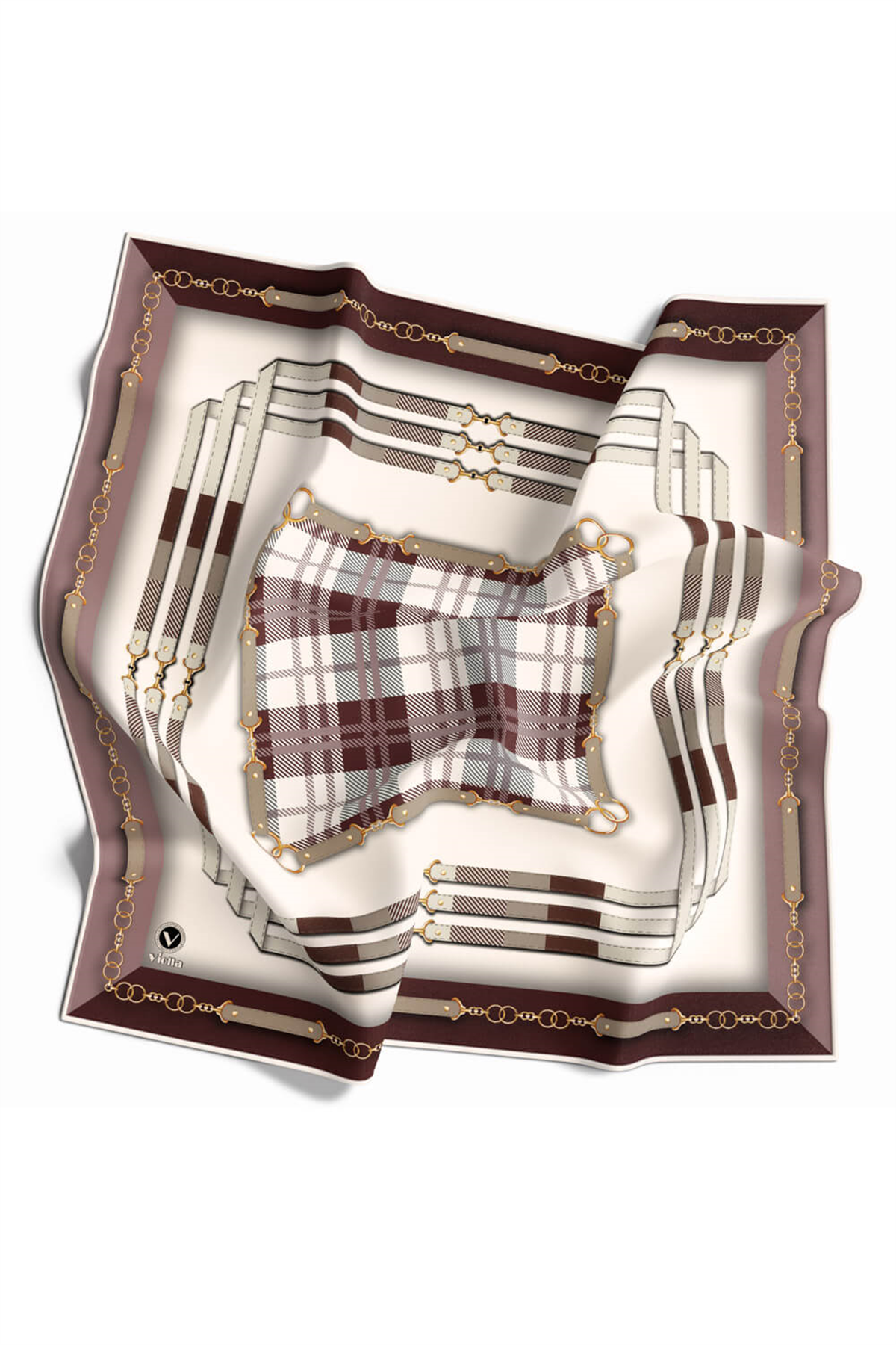 Twill Ekoseli Ve Zincir Desenli Gül Kurusu Renkli 90x90 Eşarp (İpek İçermez) Dikim Şekli : El Dikişi