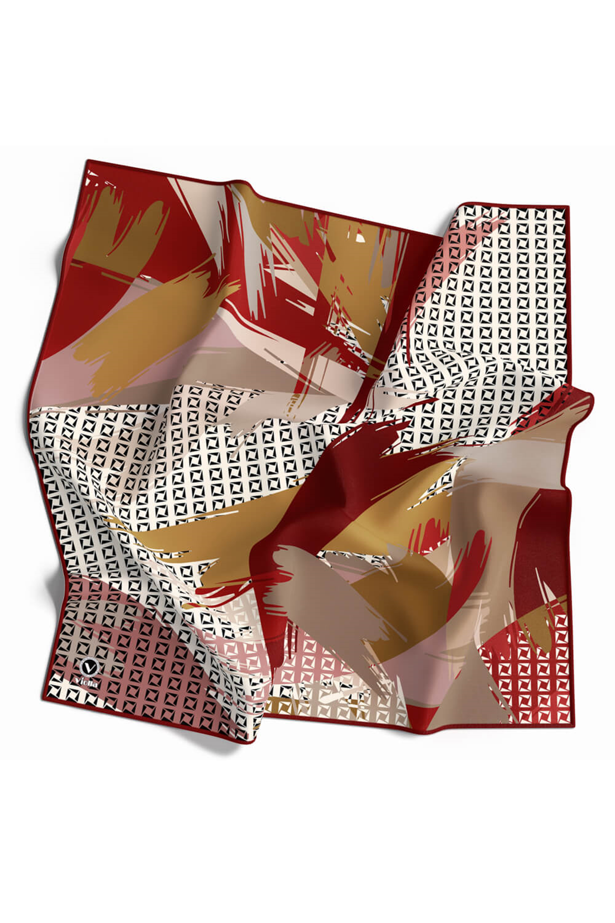 Rayon Geometrik Fırça Desenli Bordo Renkli 90x90 Dikim Şekli : El Dikişi Eşarp (İpek İçermez) Kenar Dikiş Şekli El Dikişli