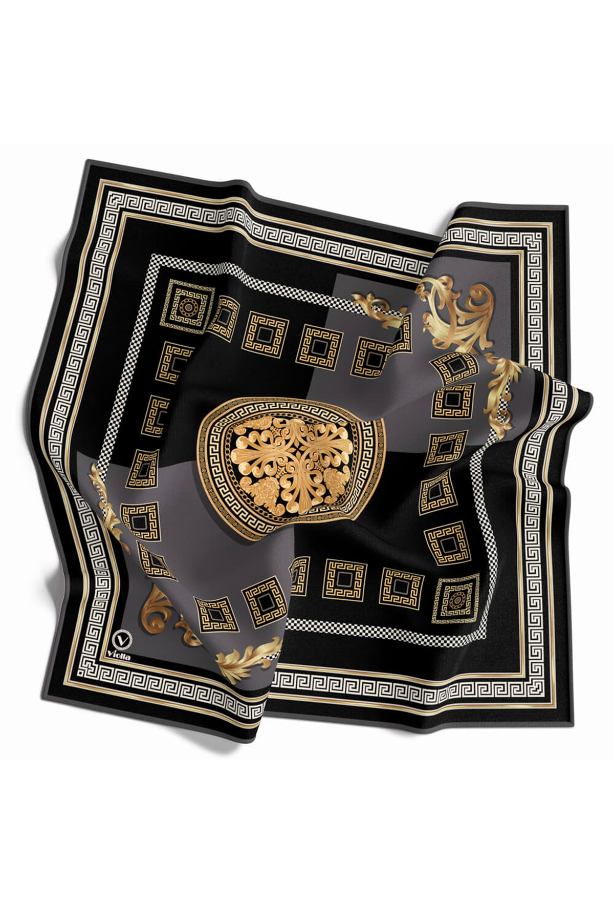 Twill Barok Desenli Gri Renkli 90x90 Eşarp (İpek İçermez) Kenar Dikiş Şekli El Dikişli
