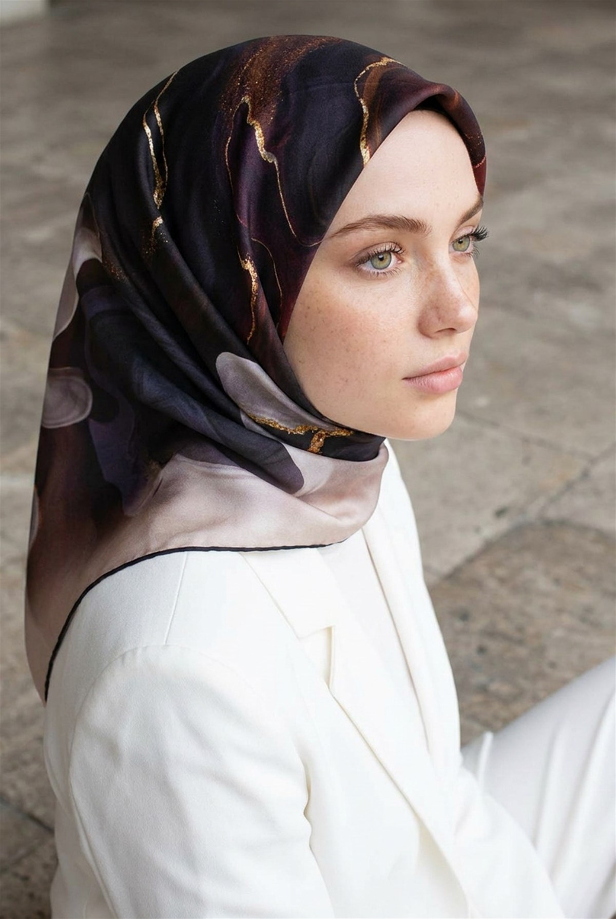 %100 Twill İpek Batik Desenli İndigo - Nar Çiçeği Renkli 90x90 Eşarp Dikim Şekli : El Dikişi
