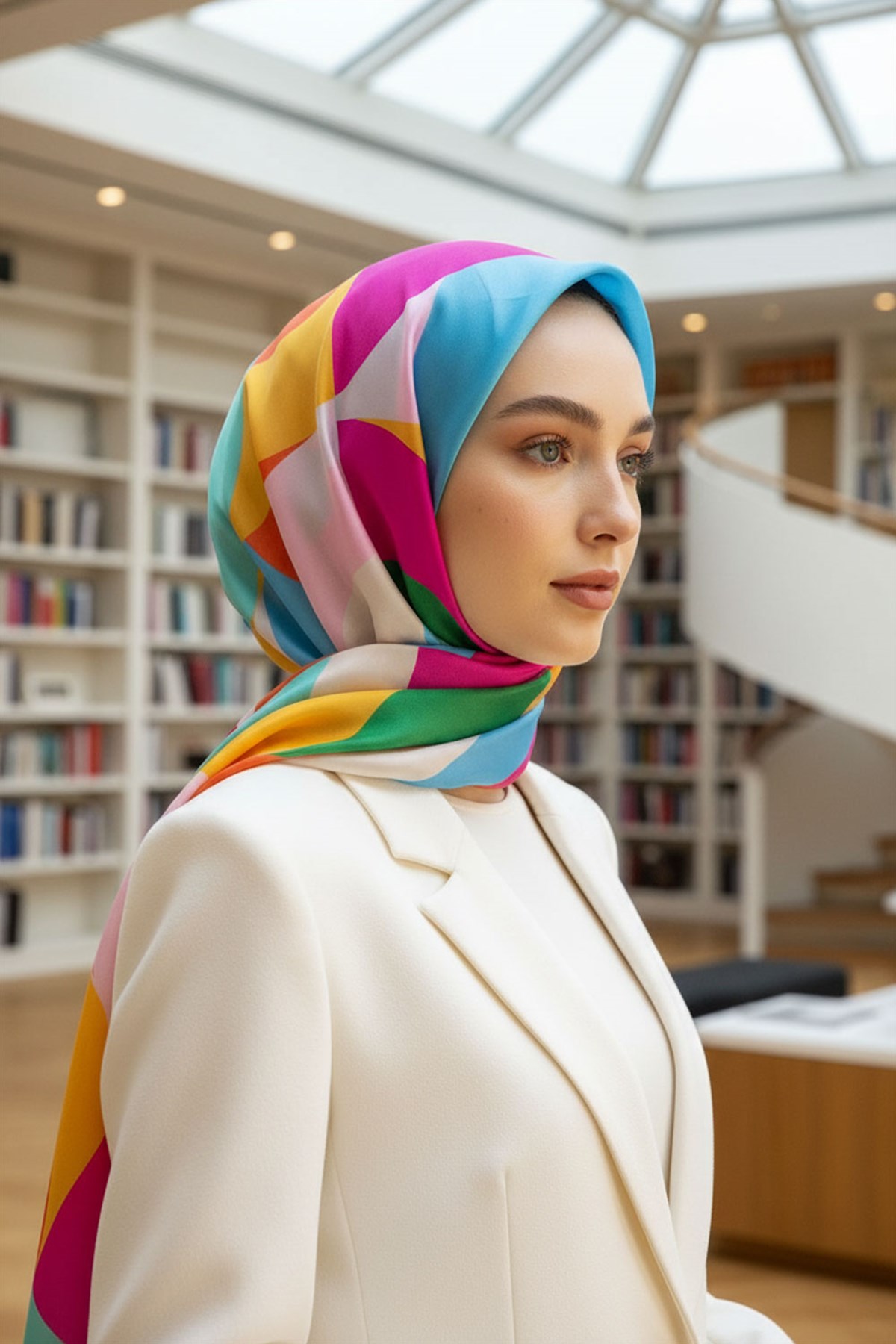 %100 Saf İpek Şal İnce Saten Vual Dokuma Geometrik Desenli 90x210 Şal