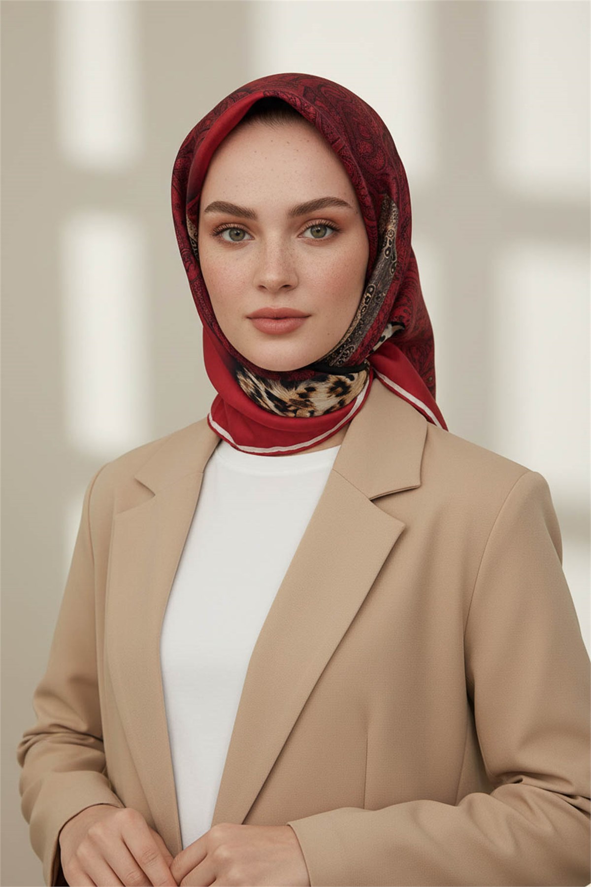 % 57 İPEK % 43 VİSKON Twill İpek Kazayaklı Ekoseli Leoparlı Ve Şal Desenli Bordo - Bej Renkli 90x90 Eşarp Dikim Şekli : El Dikişi